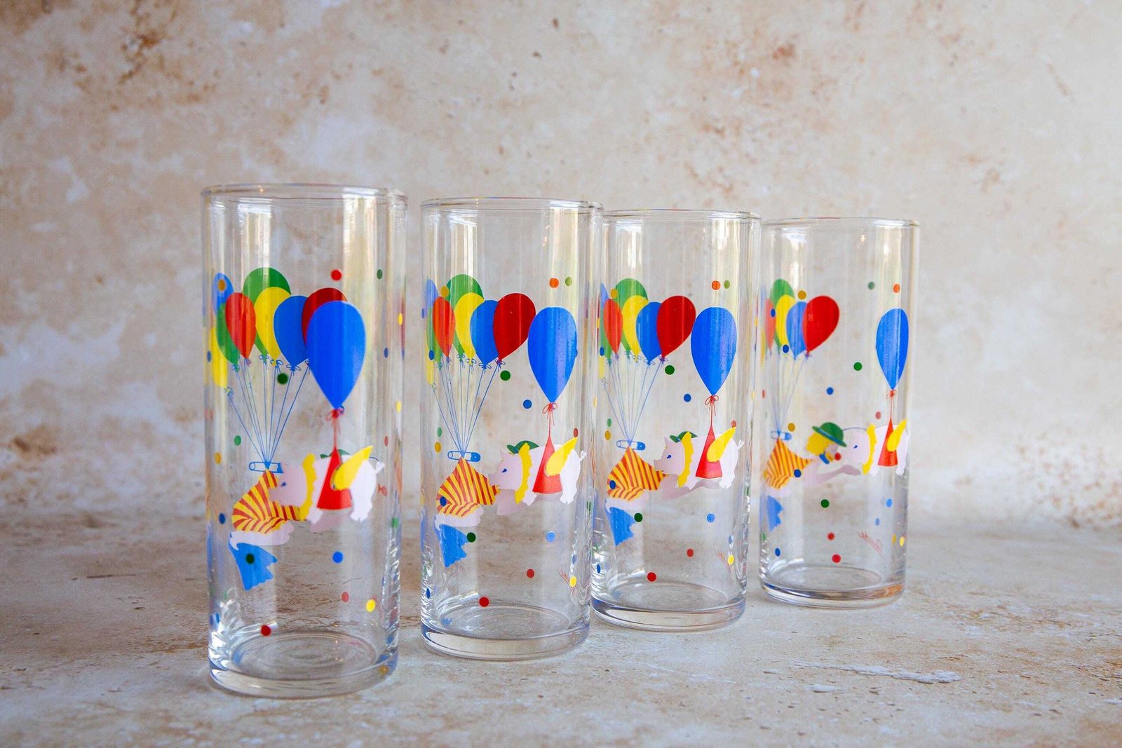 Vintage Glass Tumblers Set Of 4, Clown Print Glass Tumblers, Retro Glass Tumblers, Kitsch Print Tumblers, Vintage Panache Tumblers