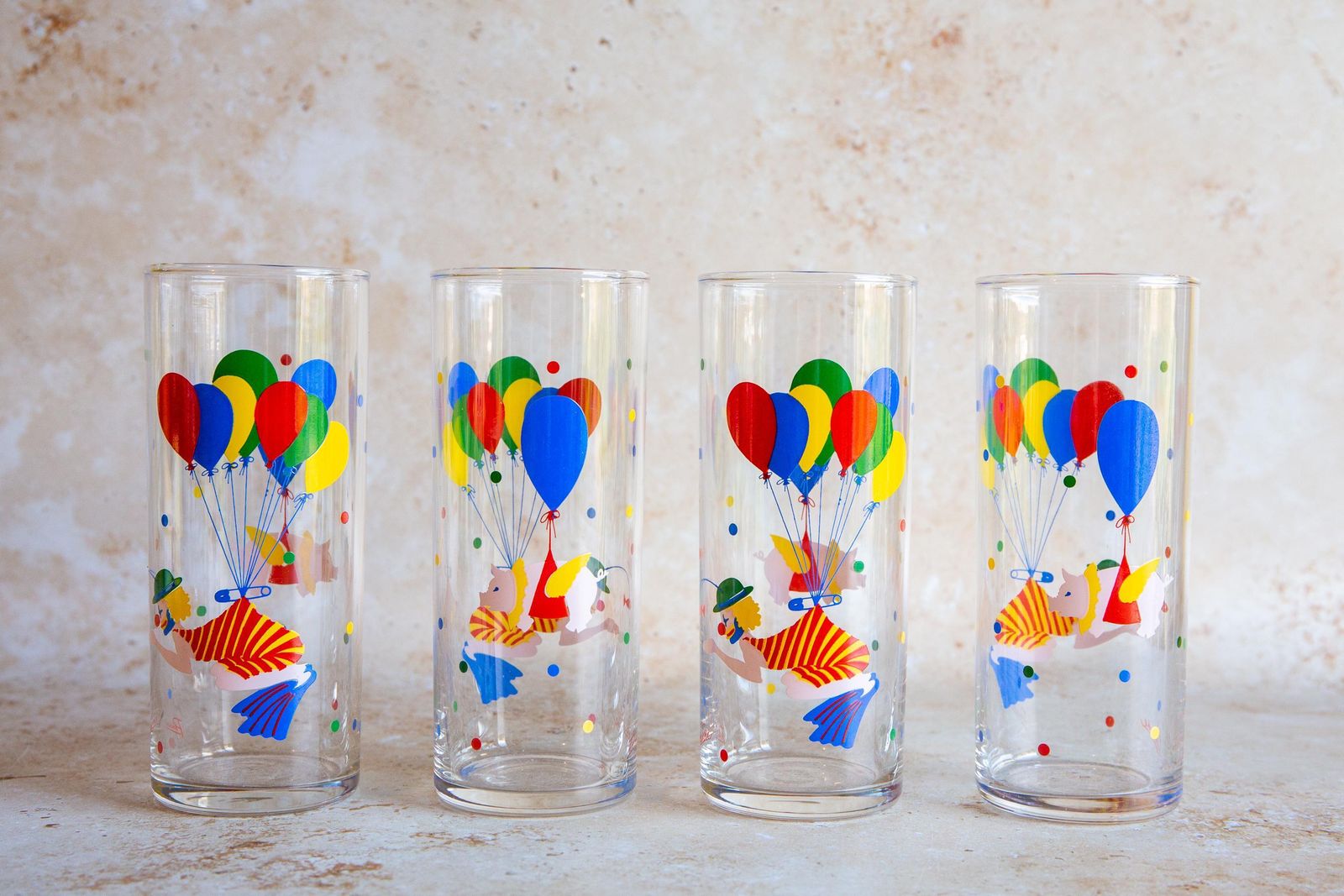 Vintage Glass Tumblers Set Of 4, Clown Print Glass Tumblers, Retro Glass Tumblers, Kitsch Print Tumblers, Vintage Panache Tumblers photo Home Decor