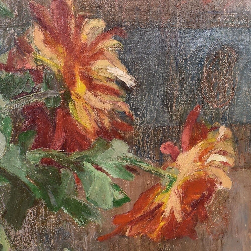 Art Deco Still Life Painting, Flowers Vase Painting, Chrysanthemums, Oil On Canvas, Antique Painting, Art Deco, XX. (Qf653) photo vintage