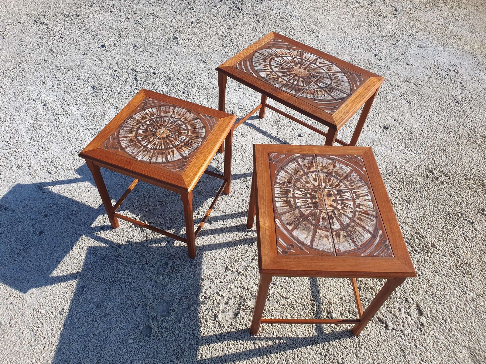 A Danish Teak And Tile Top Nest Of Three Tables By "Toften Mobelfabriken", Denmark. 1970s photo for sale