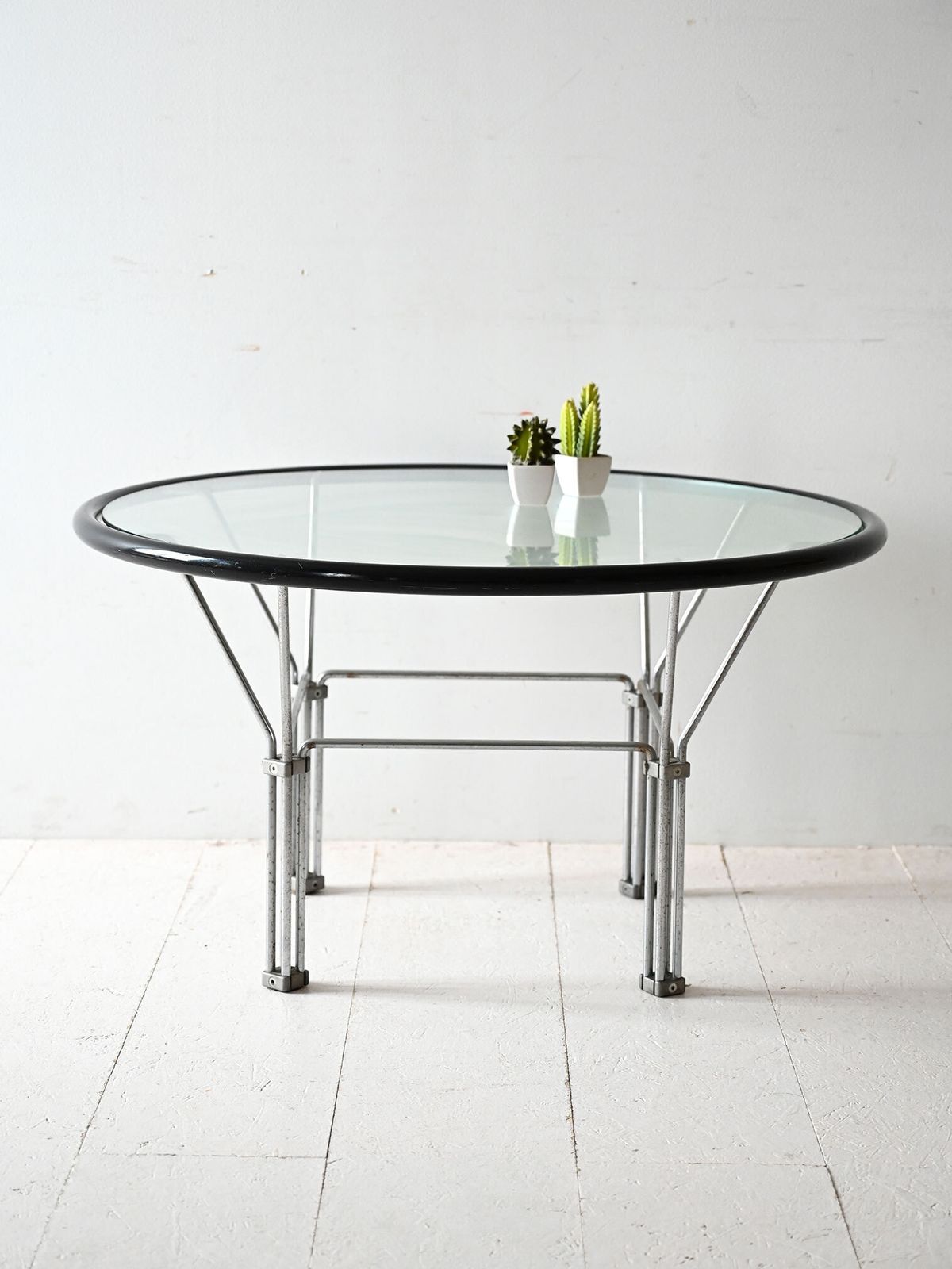 Vintage Glass And Steel Coffee Table With Black Profile