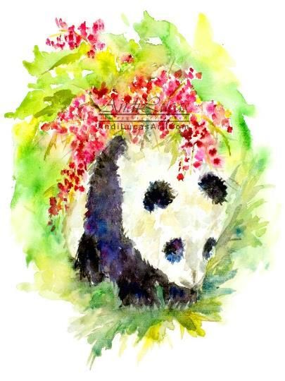 Panda In Bamboo Blossom Illustration Original Watercolour Painting Andi J Lucas photo furniture