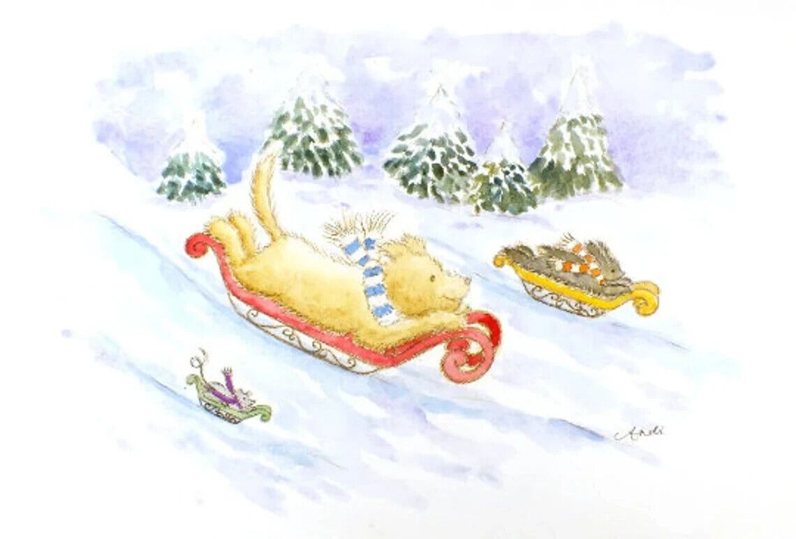 Cute Animal Sledge Race  Illustration Original Watercolour Painting Andi J Lucas