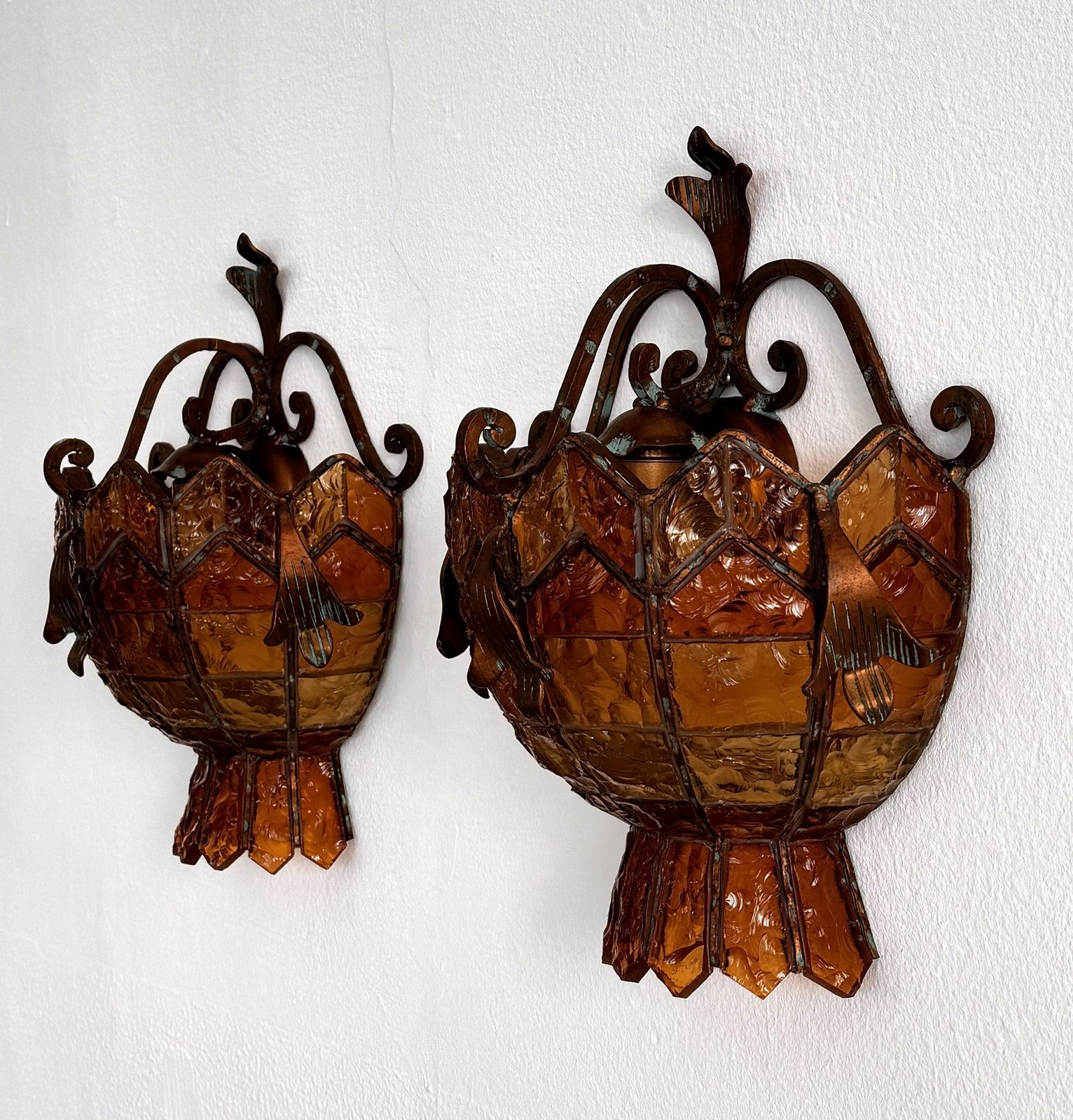 Pair Of Sconces In Wrought Iron And Hammered Glass By Longobard, Italy, 1970s photo vintage