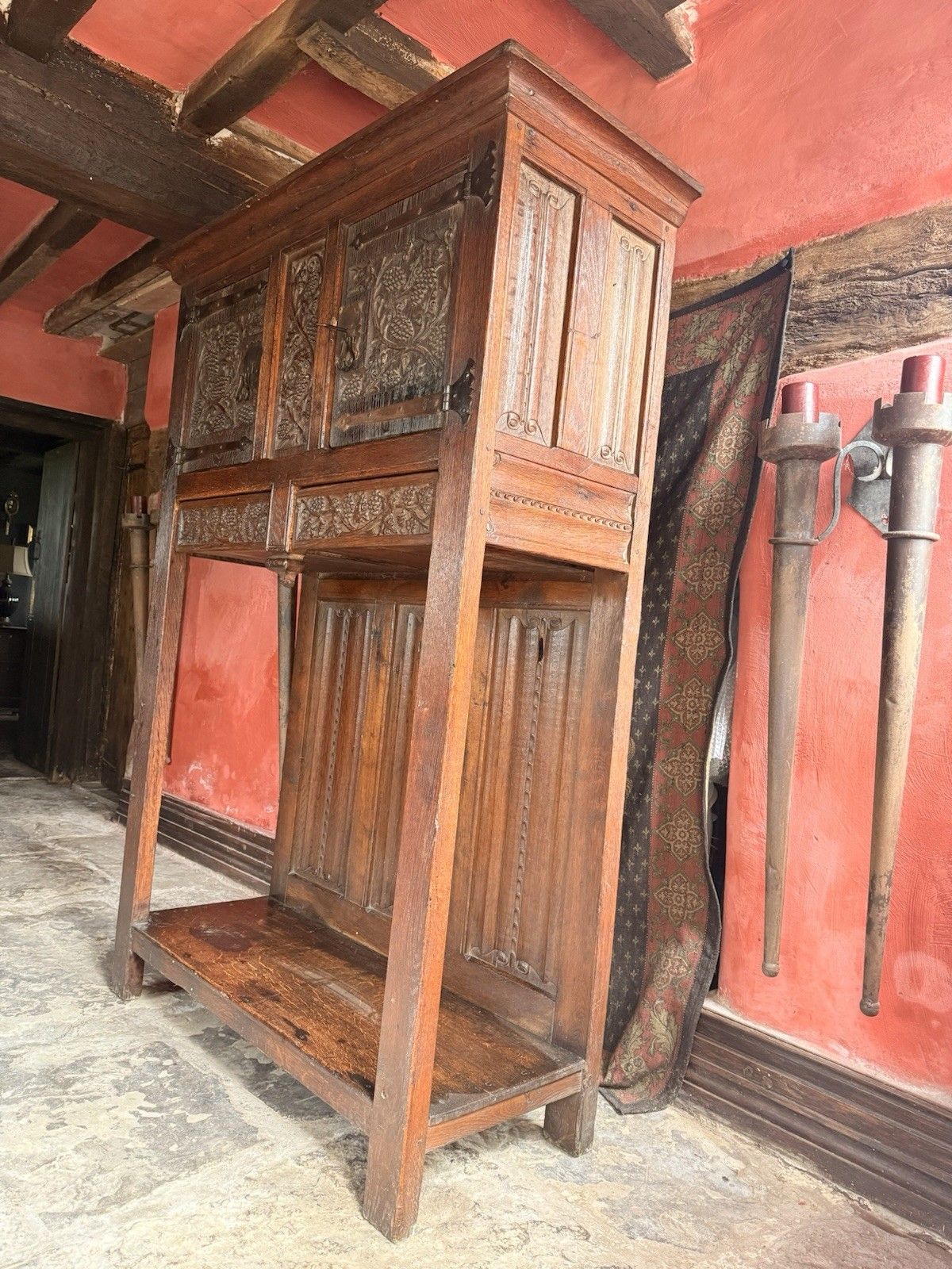 photo vintage Rare Antique Oak Carved Floorstanding Cupboard Cabinet Dresser Buffet C 1700s