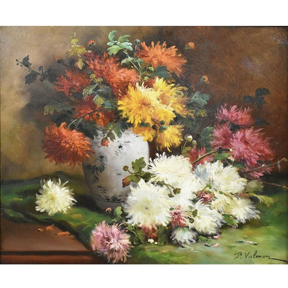 Antique Floral Paintings, Dahlias Flowers, Oil On Canvas, 19th Century. (Qf483) photo furniture