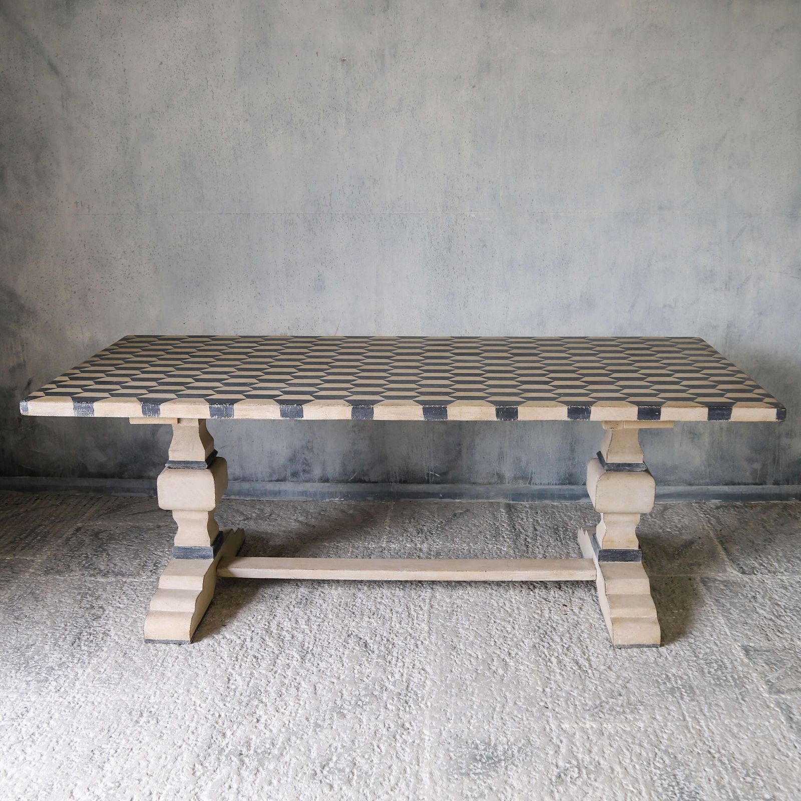 French Mid 20th Century Refectory Farmhouse Style Table   Later Geometric Painted Finish photo furniture