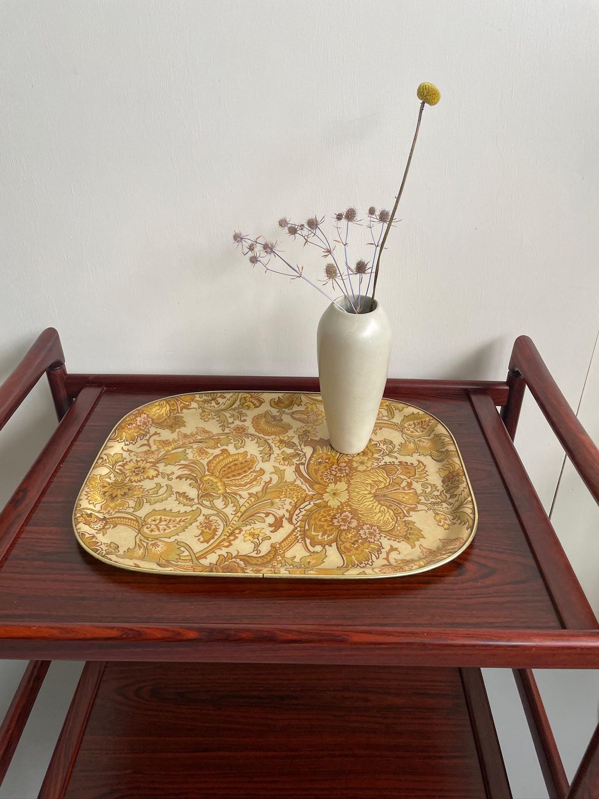 Large Fibreglass Tray Kitsch Yellow Beige Orange Floral Leaves From 1970s