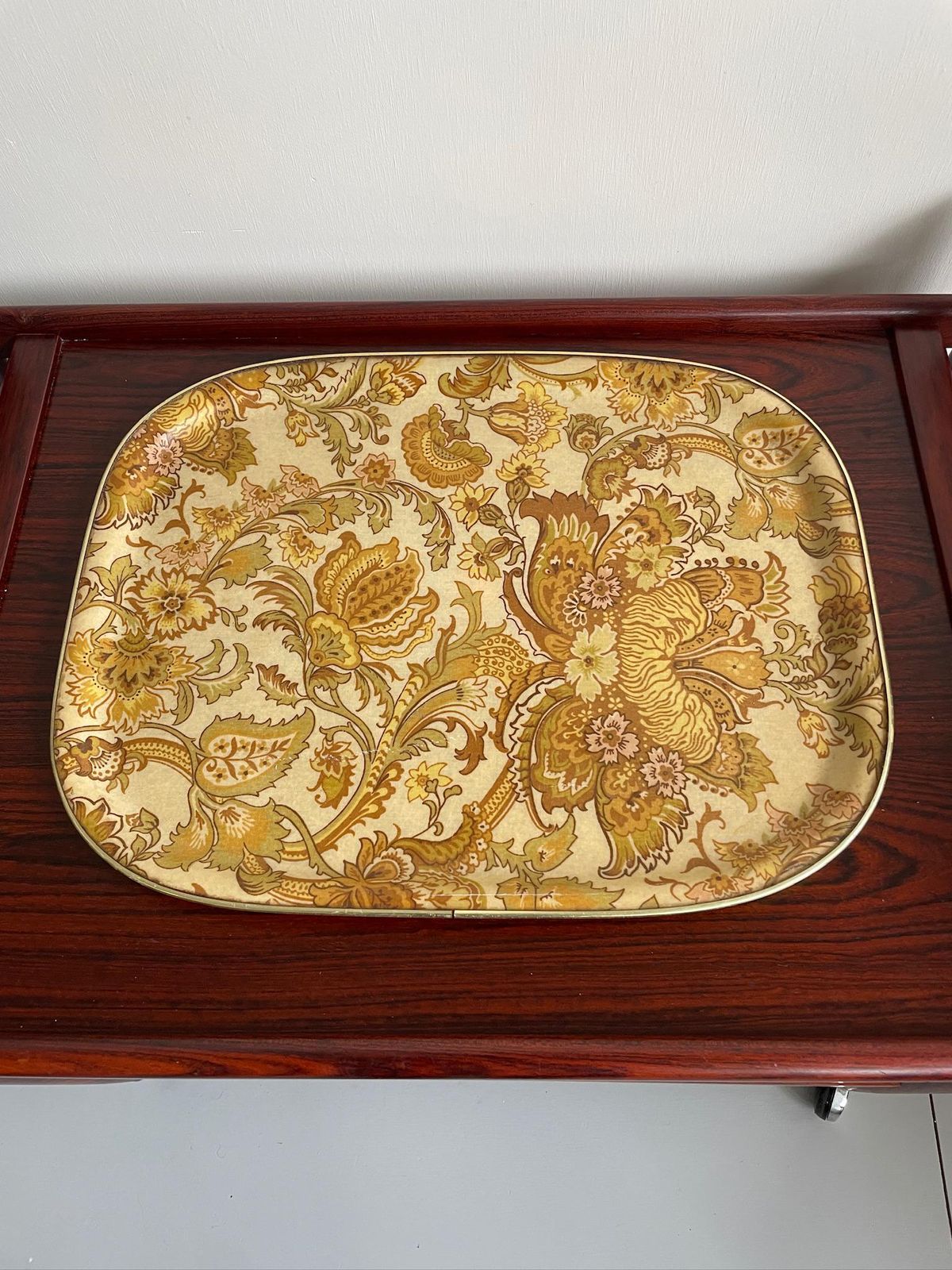 Large Fibreglass Tray Kitsch Yellow Beige Orange Floral Leaves From 1970s photo furniture