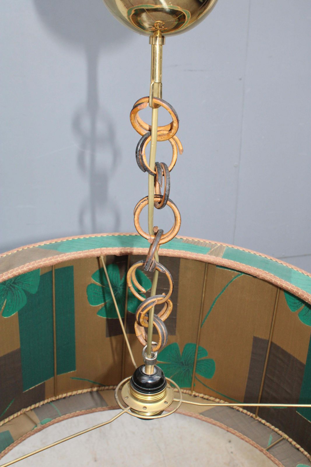 Decorative Mid Century Chandelier With Green Floral Fabric Dome Brass photo Lighting
