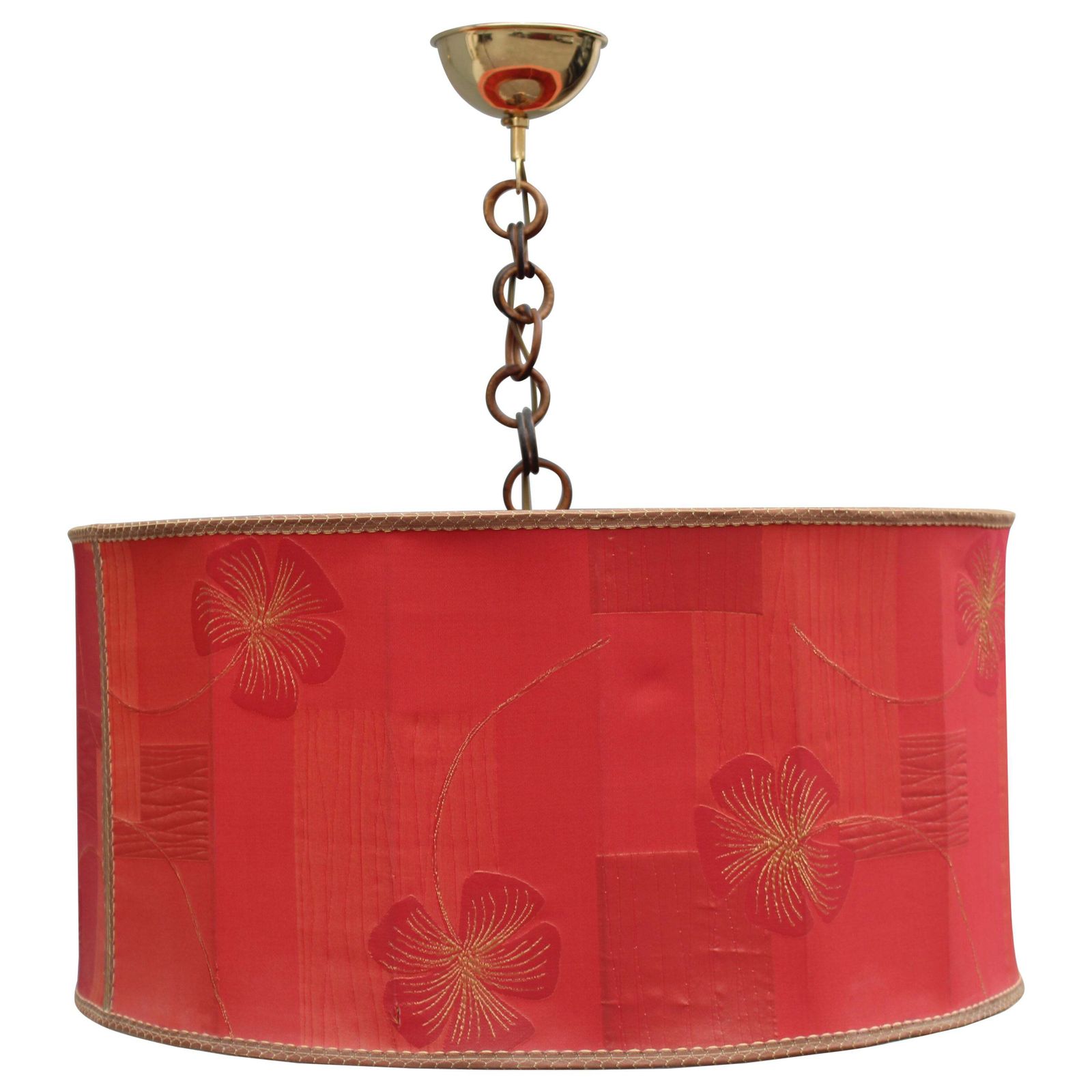 Chandelier With Red Dome Fabric With Flowers Mid Century Italian Design Brass