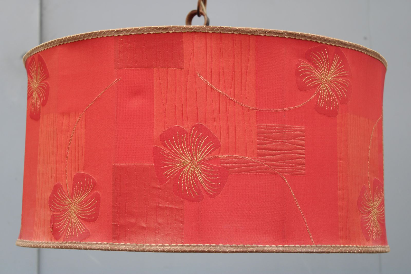 Chandelier With Red Dome Fabric With Flowers Mid Century Italian Design Brass photo for sale
