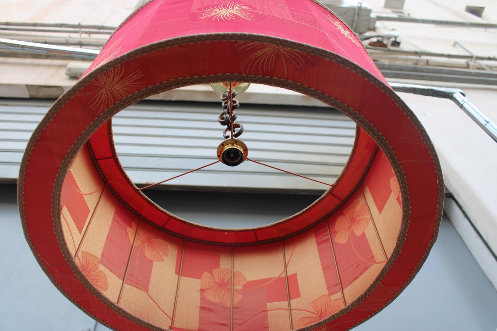 Chandelier With Red Dome Fabric With Flowers Mid Century Italian Design Brass photo Lighting