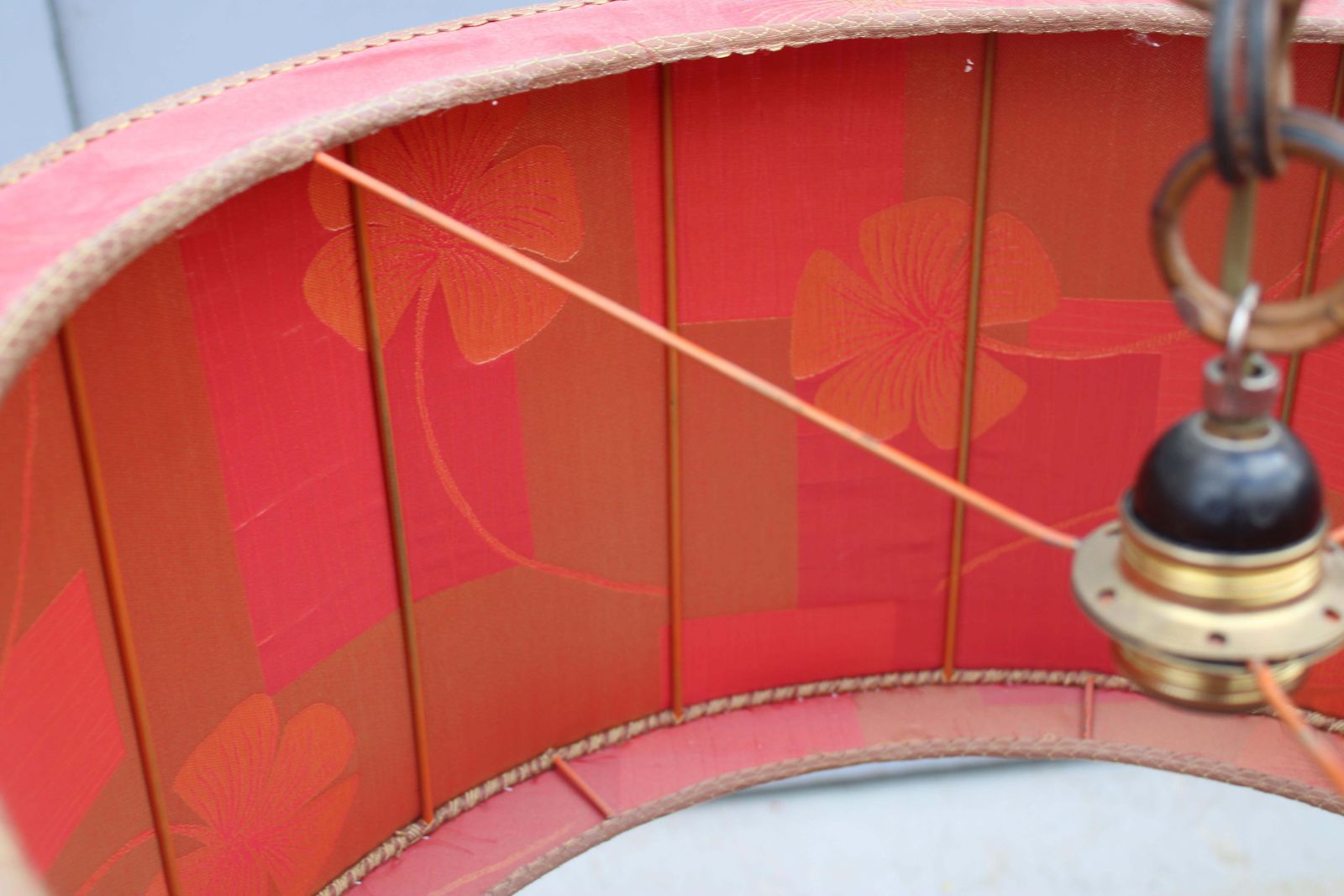 Chandelier With Red Dome Fabric With Flowers Mid Century Italian Design Brass photo 1570.0