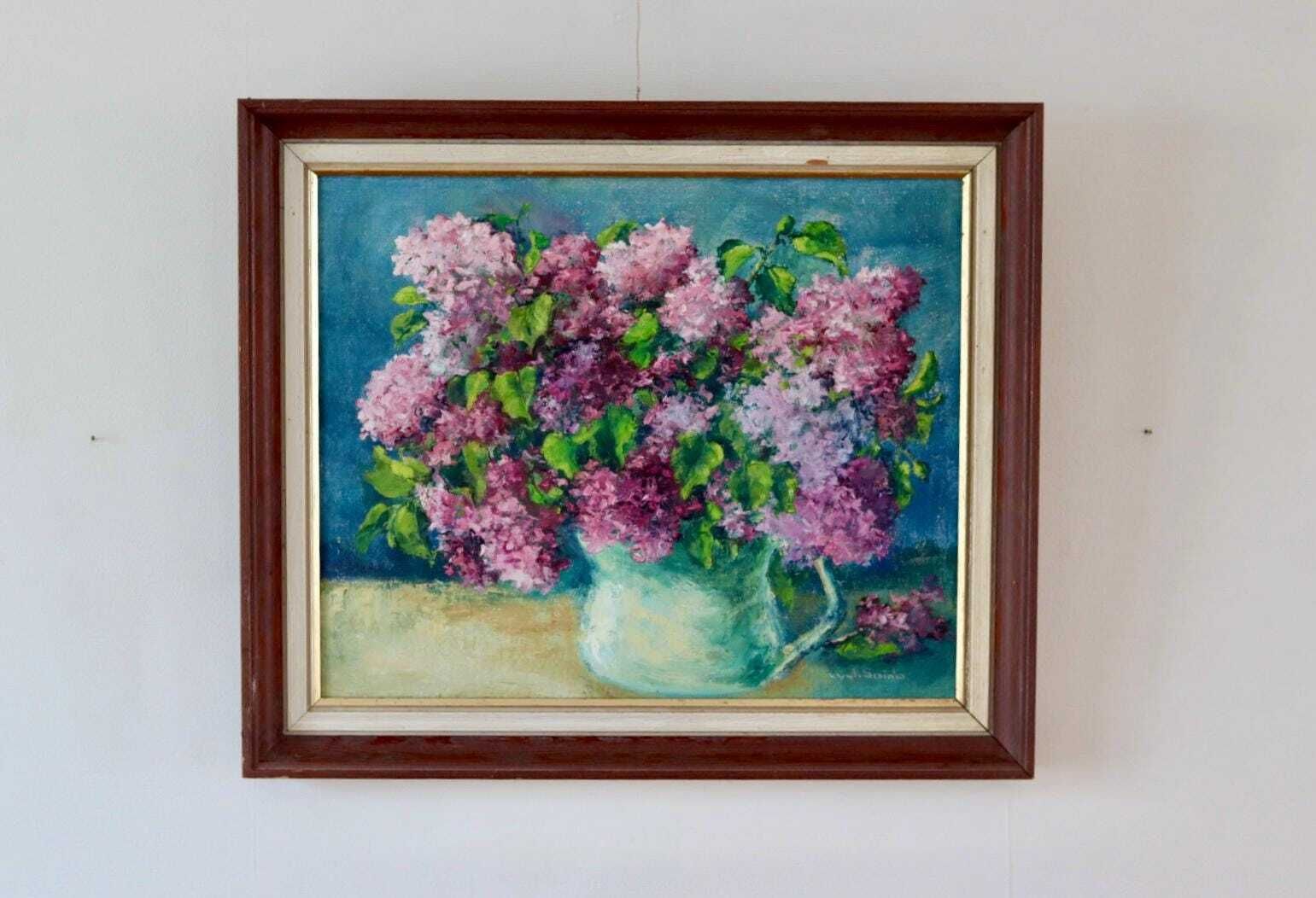 Mid Century Original Swedish Oil On Canvas "Floral Arrangement " By Lyyli Sainio Vintage & Framed photo furniture