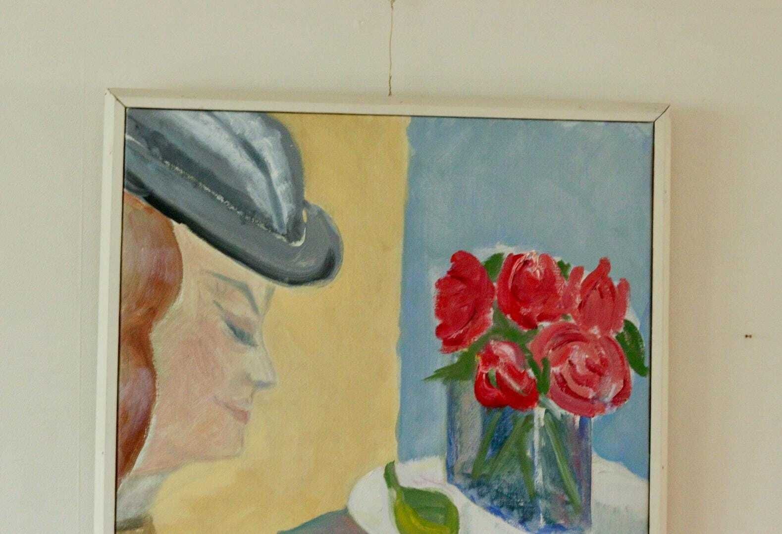 Mid Century Original Swedish Oil On Canvas "Woman And A Vase " By Björn Gyllenhammar   Vintage & Framed photo furniture