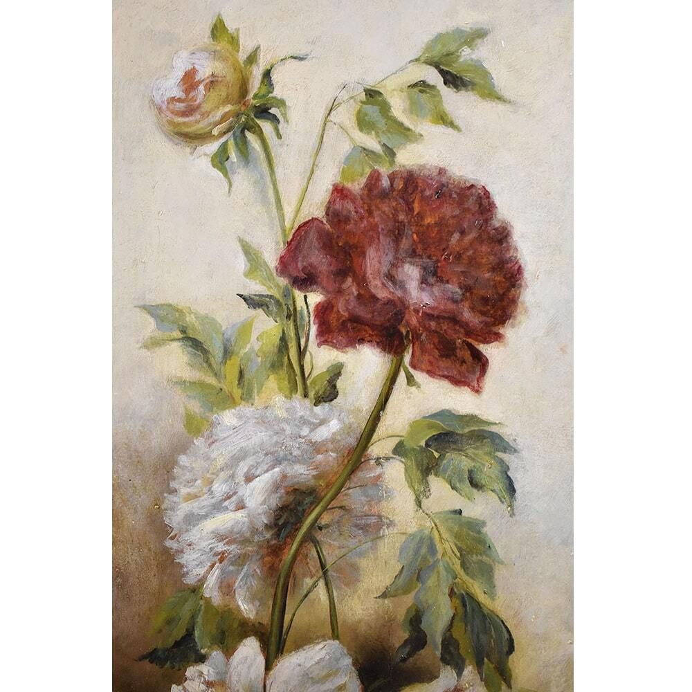 Still Life Painting, Flowers Vase Painting, Flowers Of Peonies, Oil On Wood, Antique Painting Du XIX Century. (Qf456) photo Art