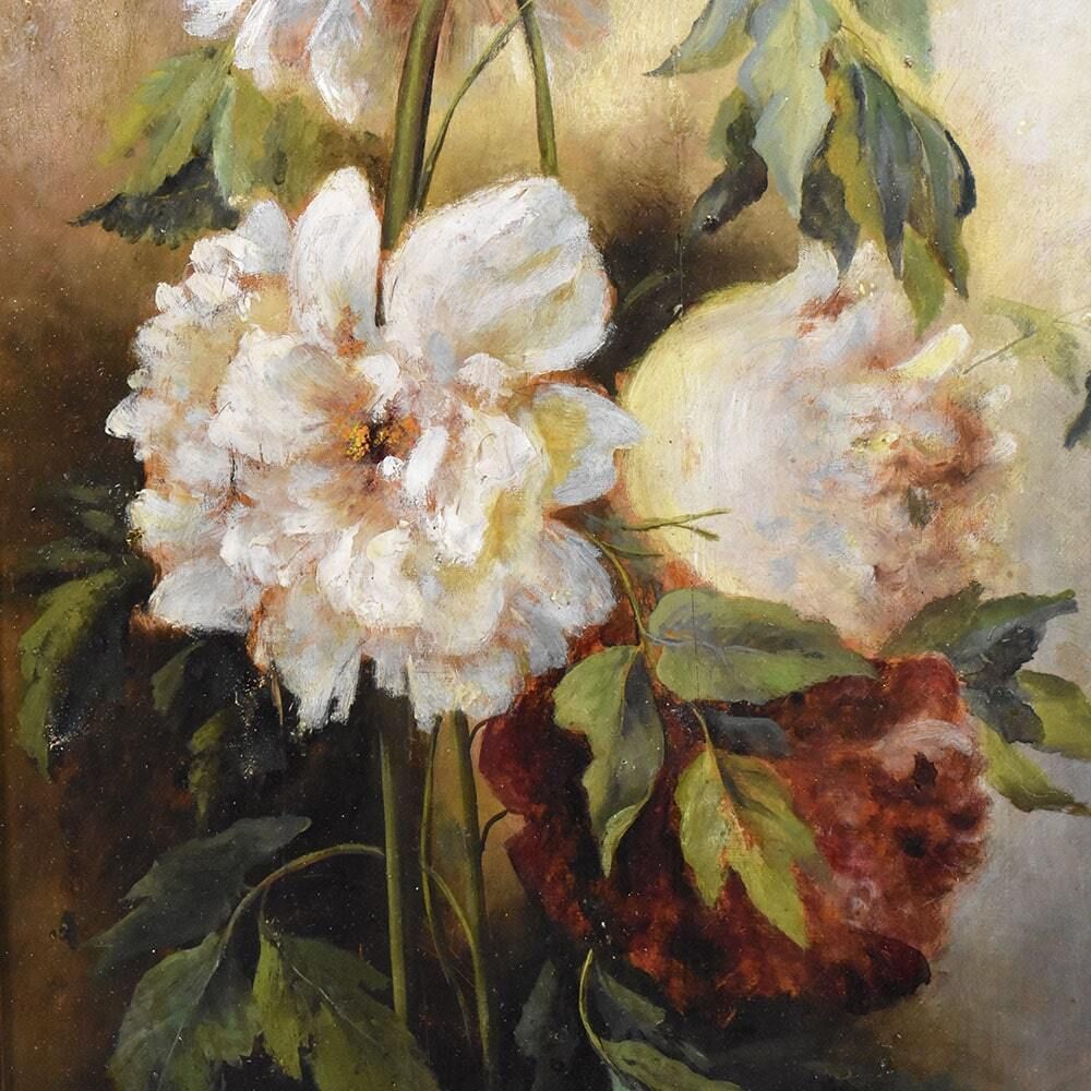 Still Life Painting, Flowers Vase Painting, Flowers Of Peonies, Oil On Wood, Antique Painting Du XIX Century. (Qf456) photo vinterior