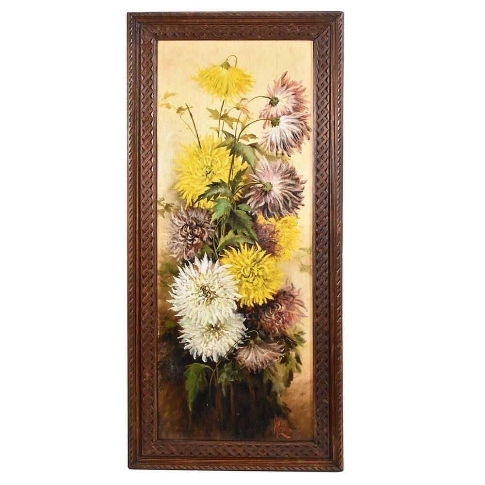 Still Life Painting, Flowers Vase Painting, Flowers Of Dahlias, Oil On Wood, Antique Painting Du XIX Century