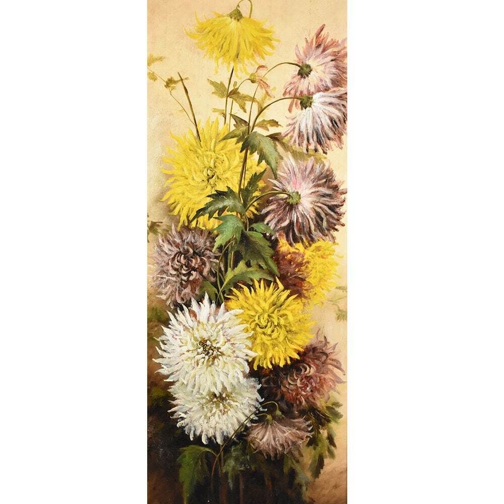 Still Life Painting, Flowers Vase Painting, Flowers Of Dahlias, Oil On Wood, Antique Painting Du XIX Century photo furniture