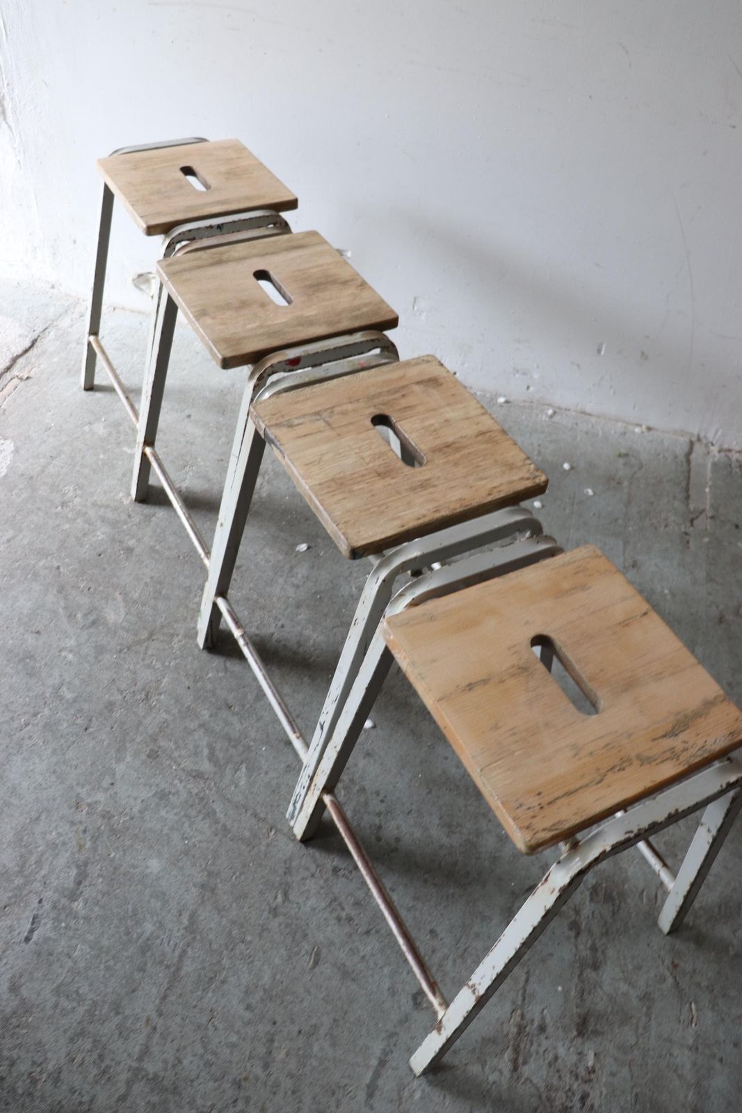 Set Of Four Tall Vintage Stacking Lab Stools With Grey Metal Frames And Stripped Beech Seats photo vintage