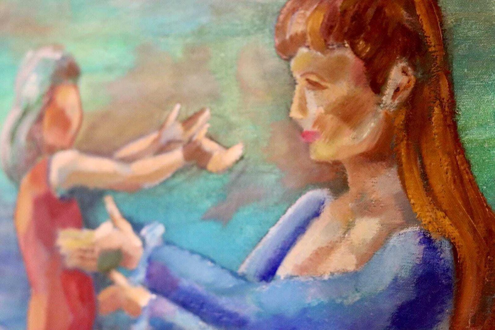Mid Century Original Swedish Oil On Canvas "Mother And Child " By Martin Kallerroj Vintage & Framed photo Art