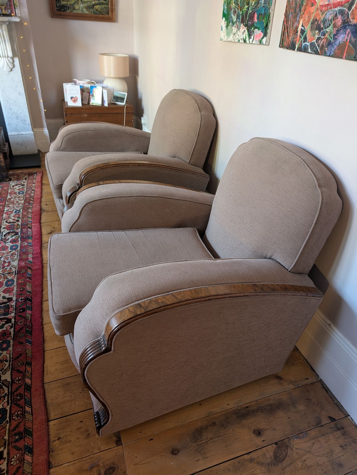 Art Deco Pair Of Armchairs With Walnut Trim, Recently Re Upholstered, Super Comfy. photo Furniture