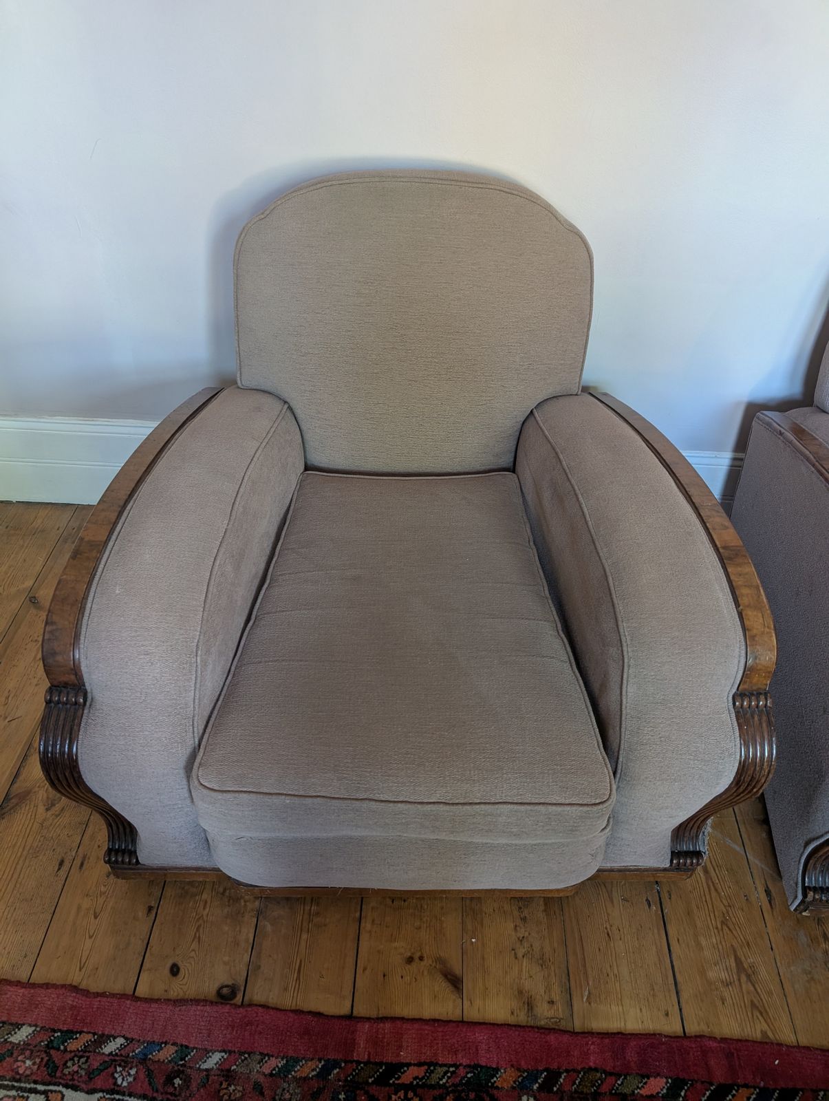photo furniture Art Deco Pair Of Armchairs With Walnut Trim, Recently Re Upholstered, Super Comfy.