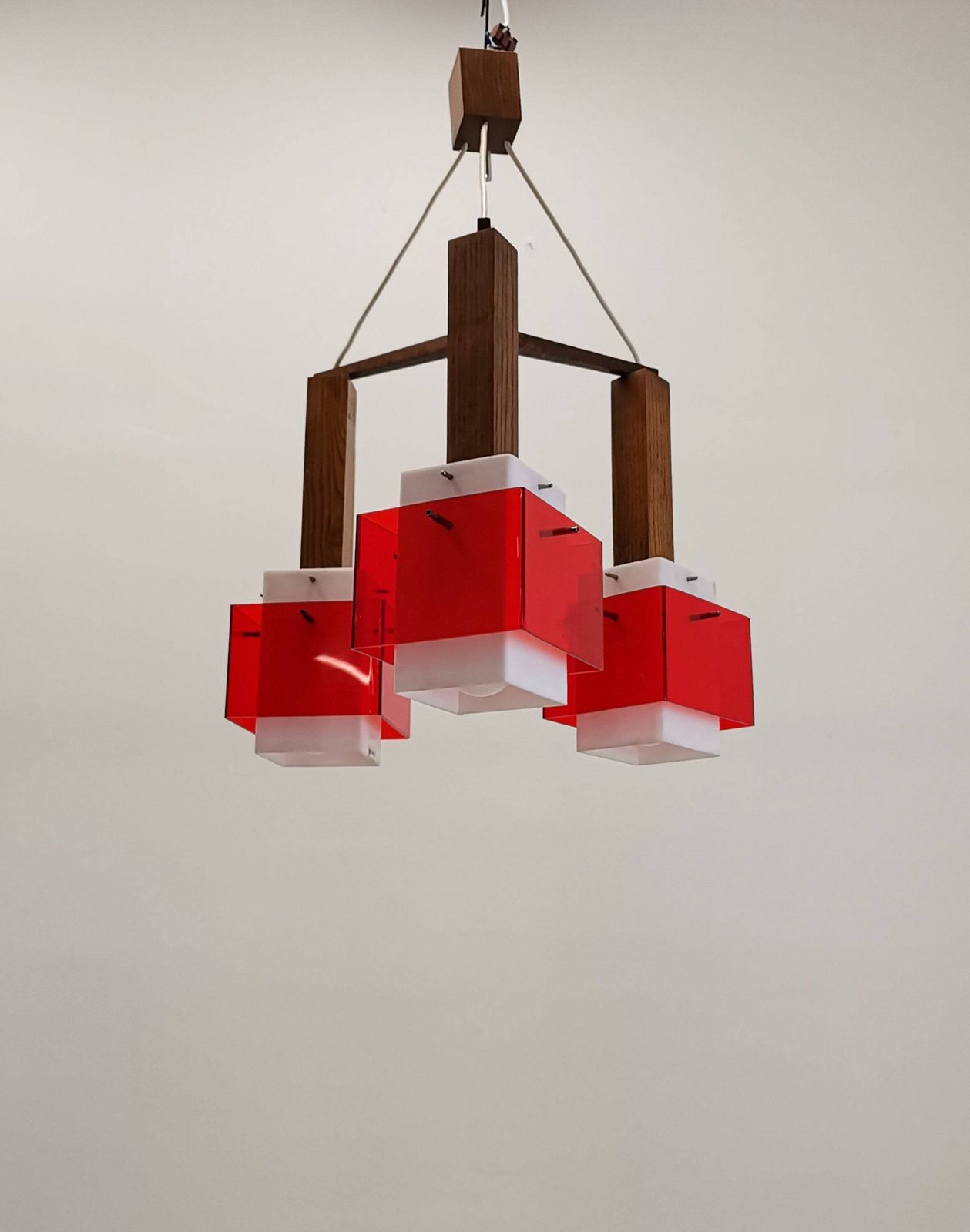 Guzzini Plexi & Wood Pendant Light / Meblo Yugoslavia / Space Age Red Cube Hanging Light photo furniture