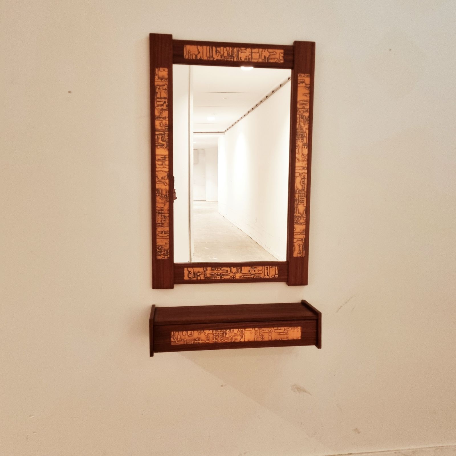 Mid Century Teak And Copper Hallway Set With Mirror And Shelf, 1960s, Set Of 2 photo furniture