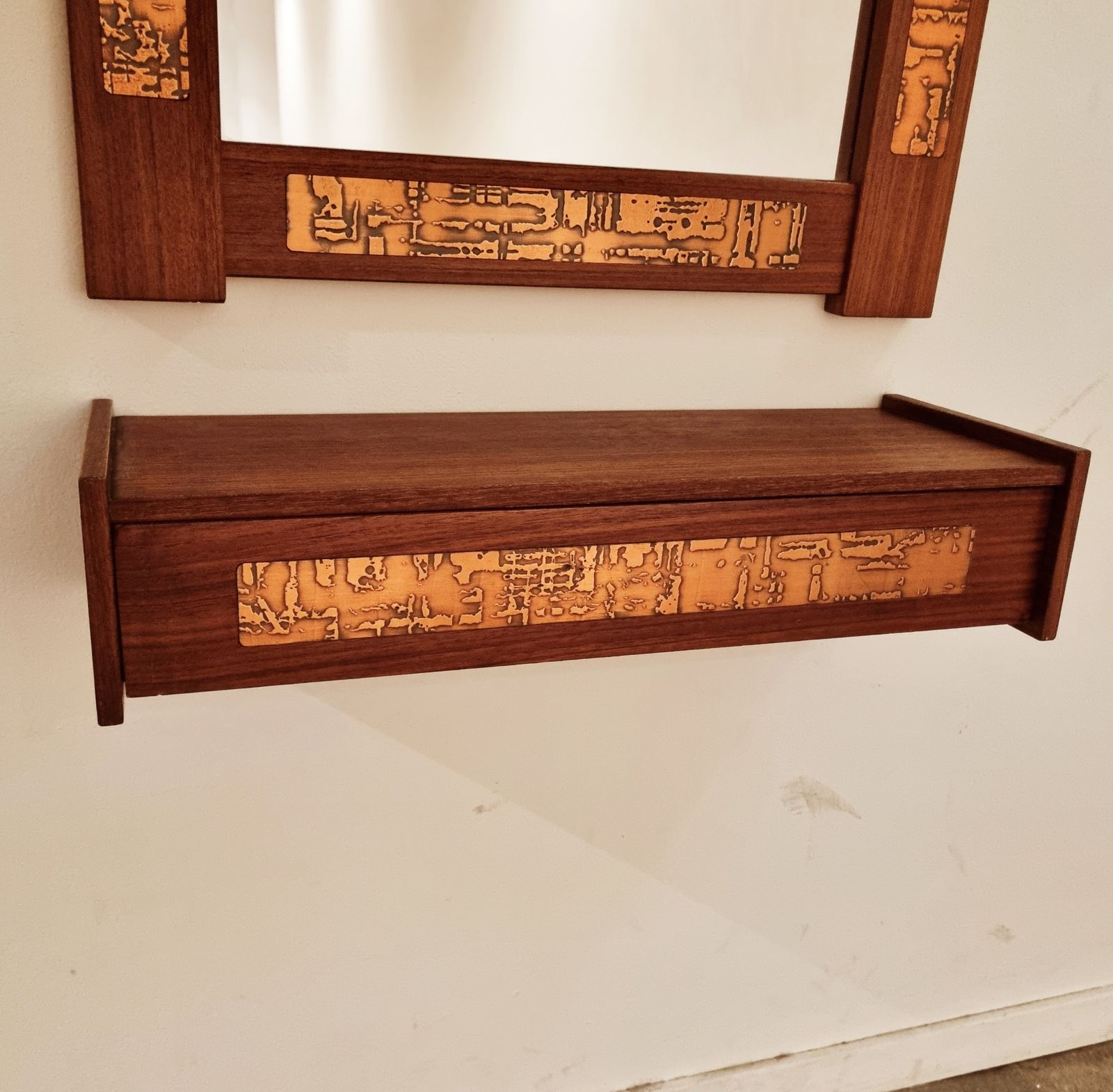 Mid Century Teak And Copper Hallway Set With Mirror And Shelf, 1960s, Set Of 2 photo vinterior