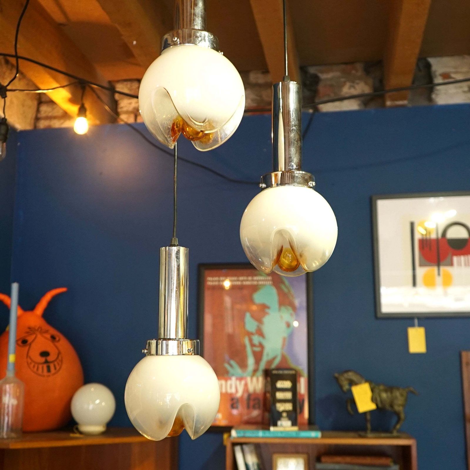Rare Mazzega Murano Triple Pendant Light Fitting photo furniture
