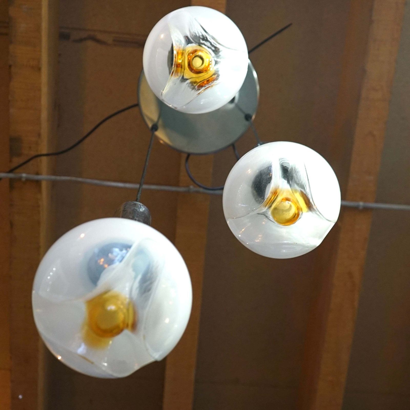 Rare Mazzega Murano Triple Pendant Light Fitting photo for sale