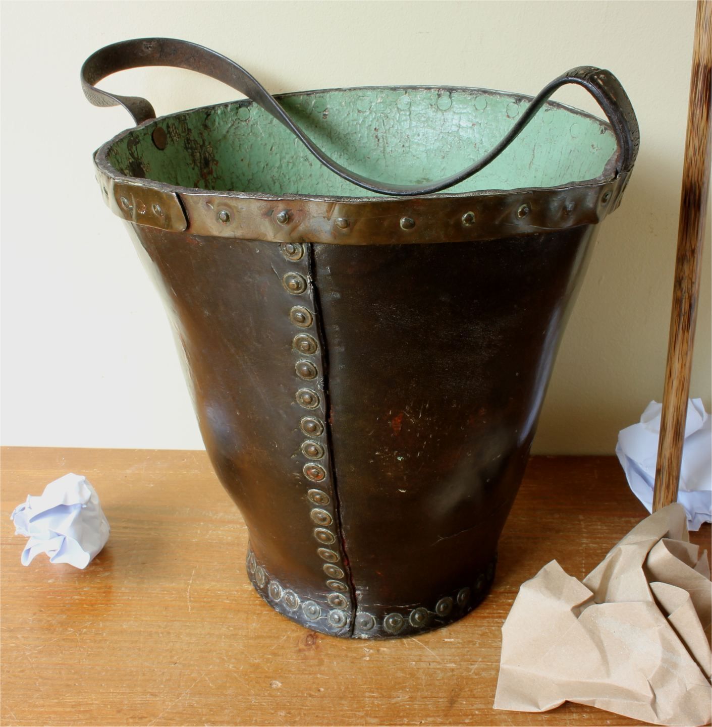 Georgian Leather Fire Bucket. Copper Studded Waste Paper Basket. C1800. photo furniture