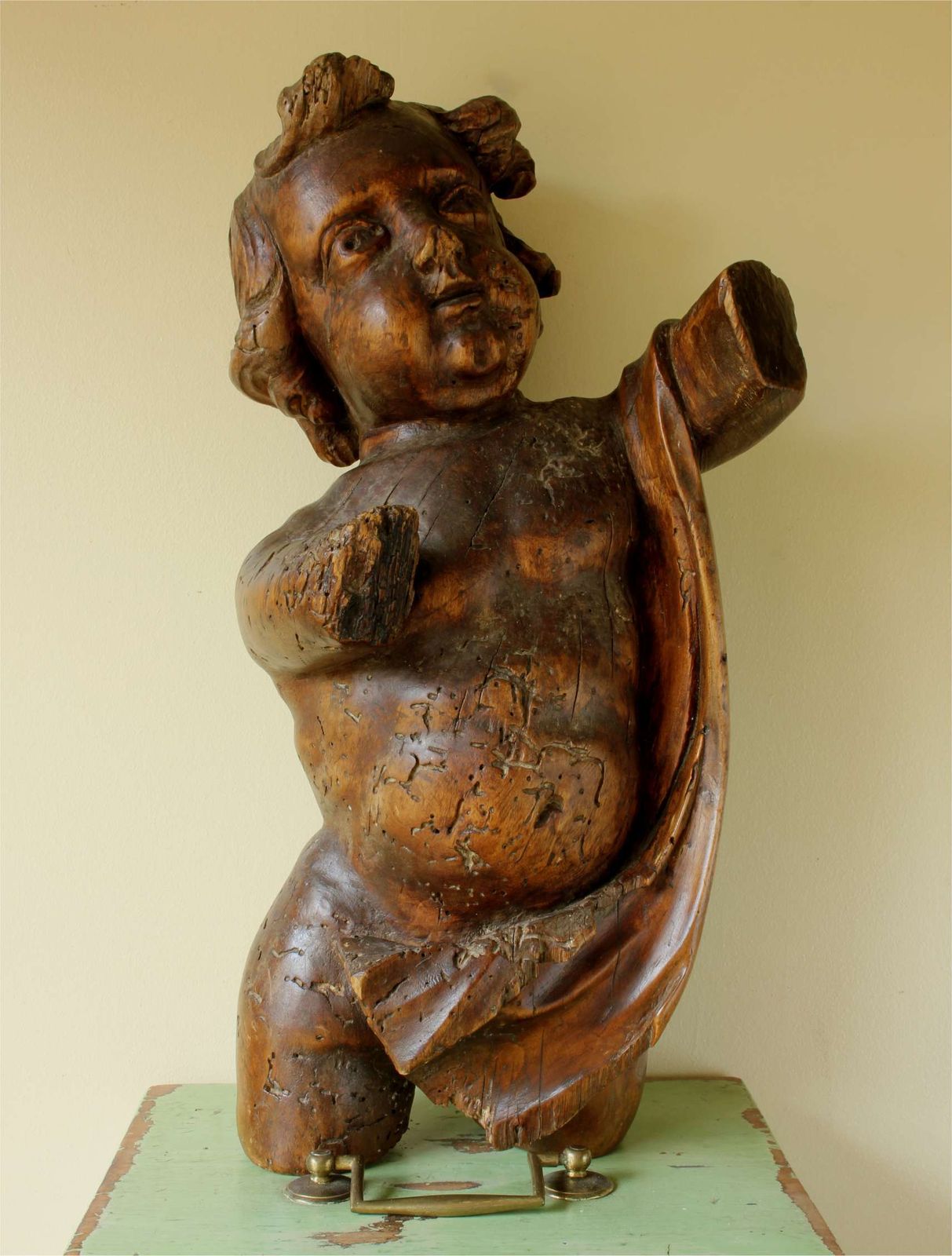 18th Century Carved Wooden Putti Figure. Large Cherub. Religious Carving.