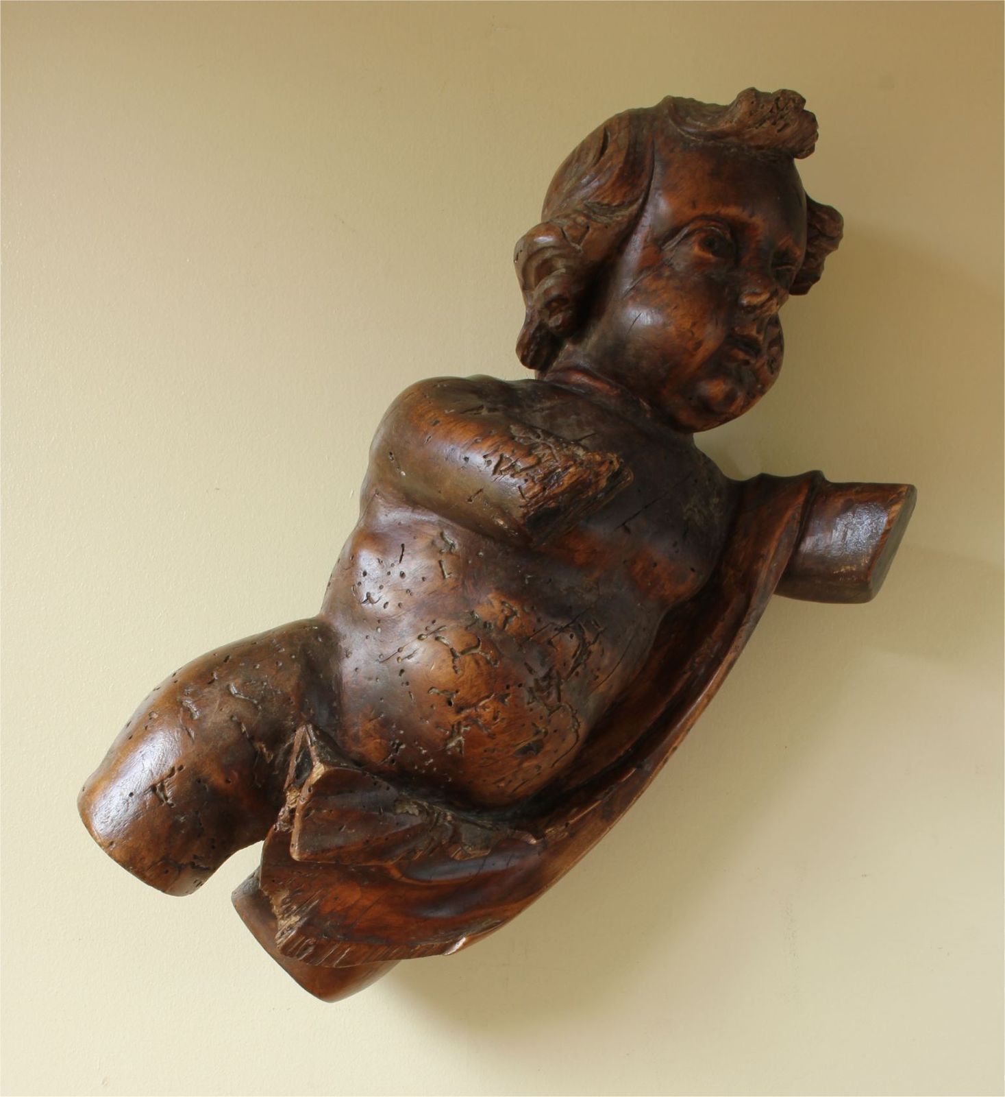Home Decor 18th Century Carved Wooden Putti Figure. Large Cherub. Religious Carving. photo