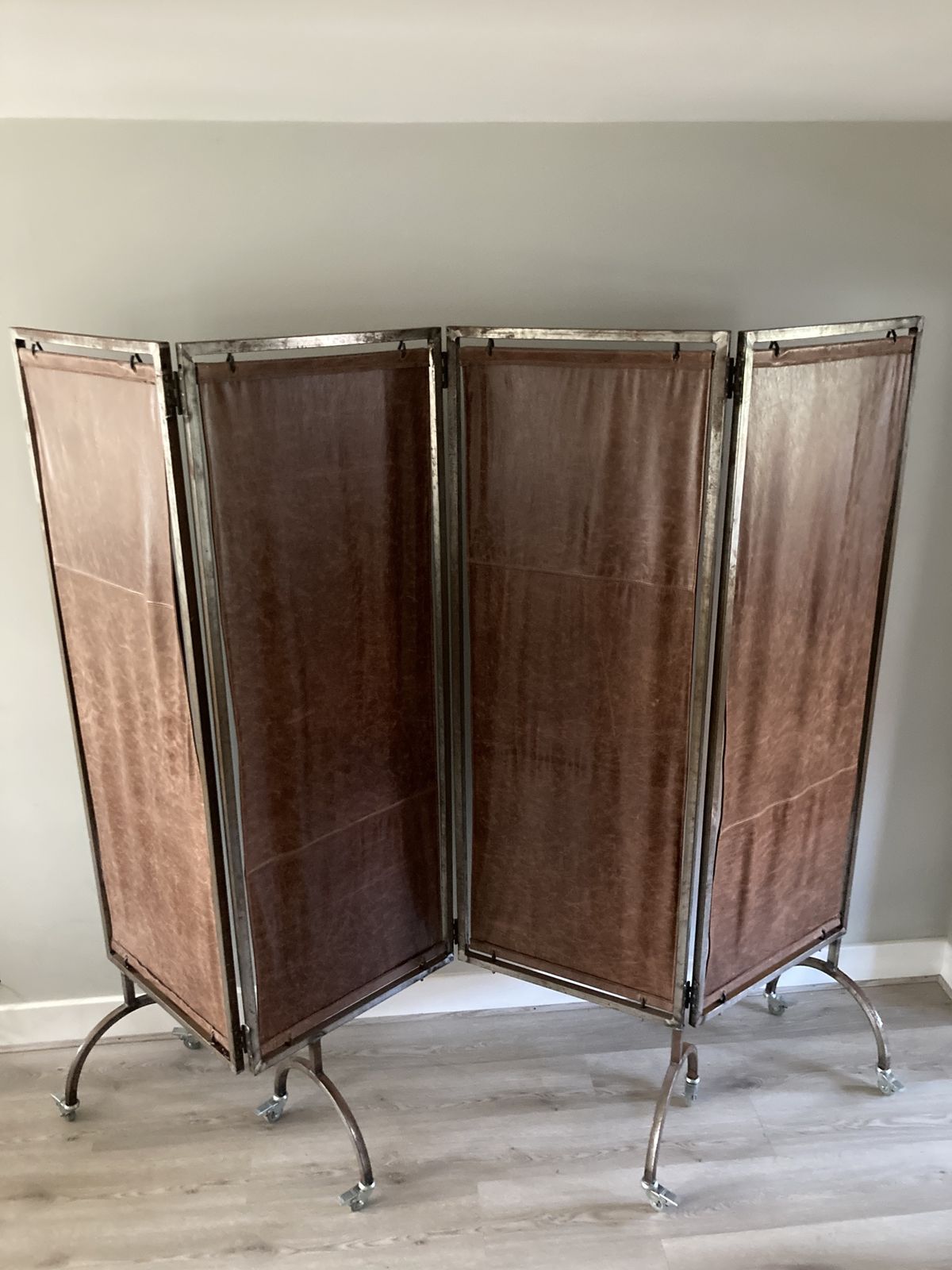 Bespoke Vintage Leather Steel Frame Folding Screen, Room Divider photo furniture