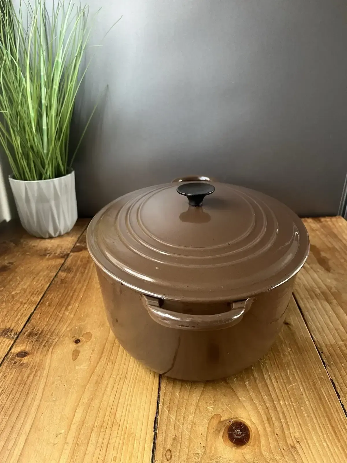 Large Le Creuset France Brown Enamel Cast Iron Lidded Casserole Dish Size F photo for sale