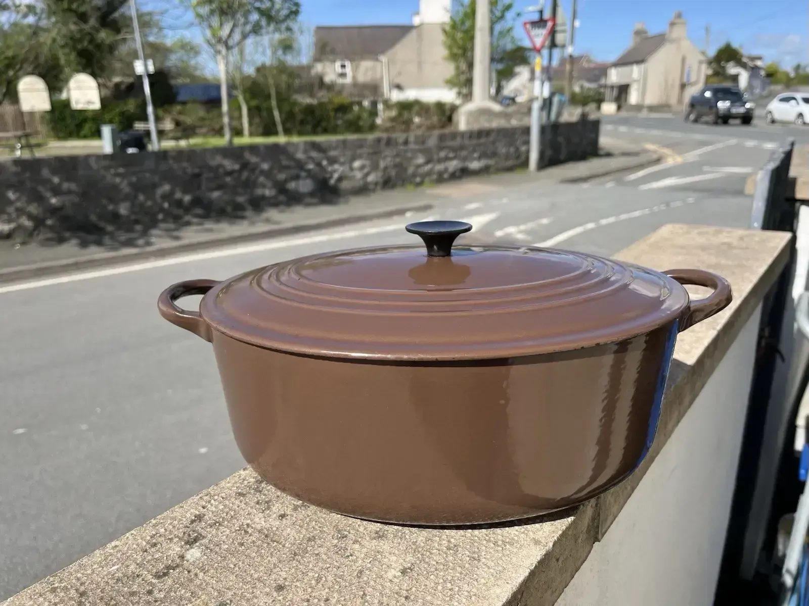 photo buy Large Le Creuset France Brown Enamel Cast Iron Lidded Casserole Dish Size F