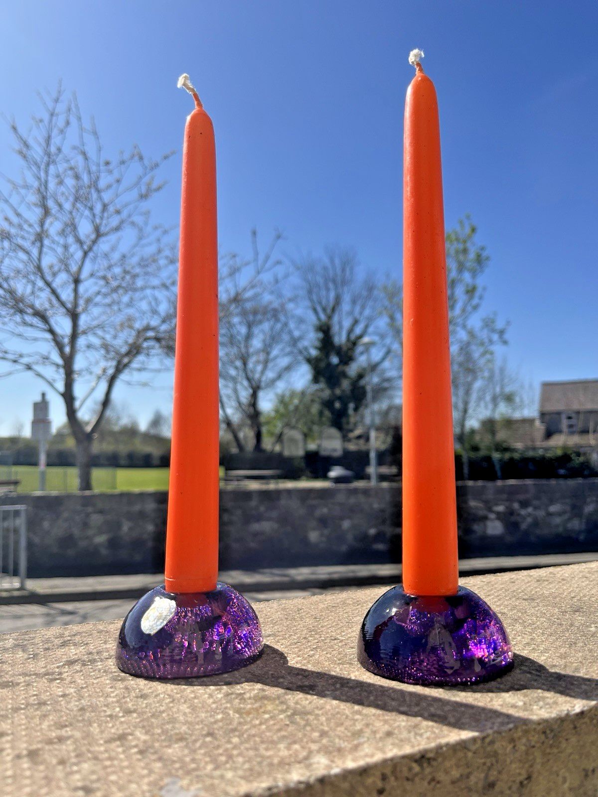 Pair Of Mid Century Modern 60's Czech Bohemia Glass Pebble Candle Holders 70's photo for sale