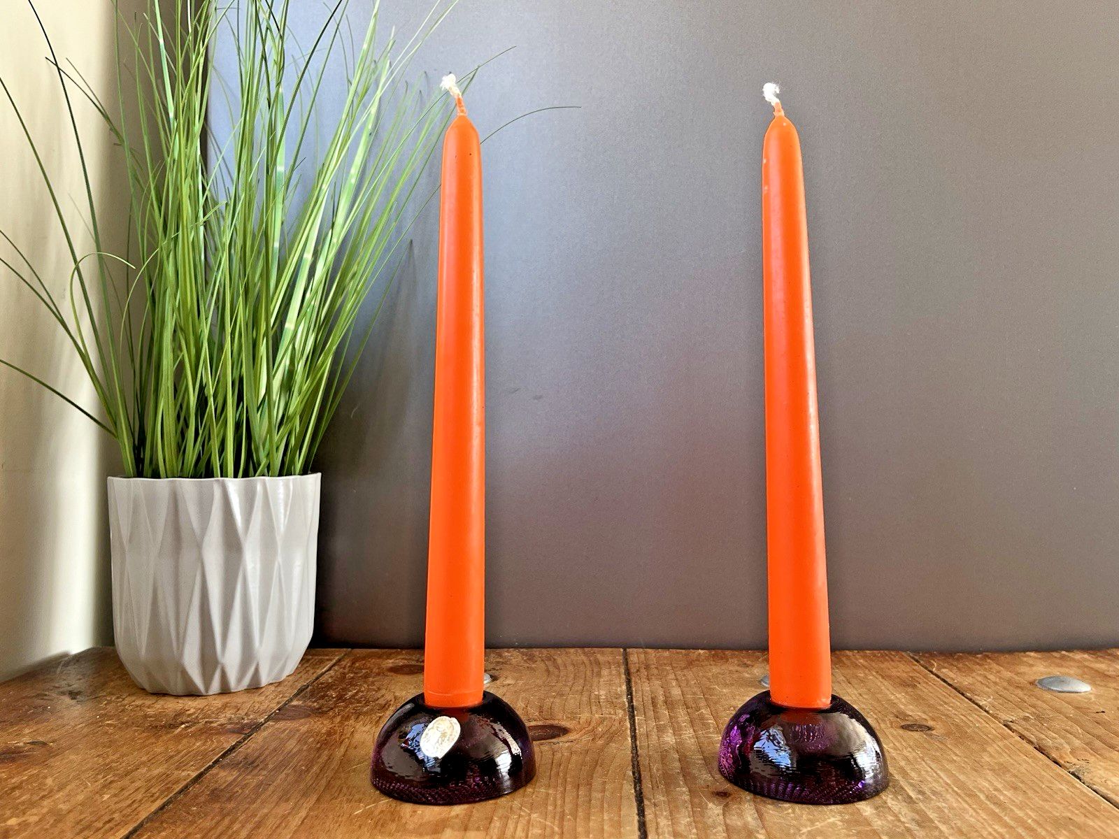 Home Decor Pair Of Mid Century Modern 60's Czech Bohemia Glass Pebble Candle Holders 70's photo