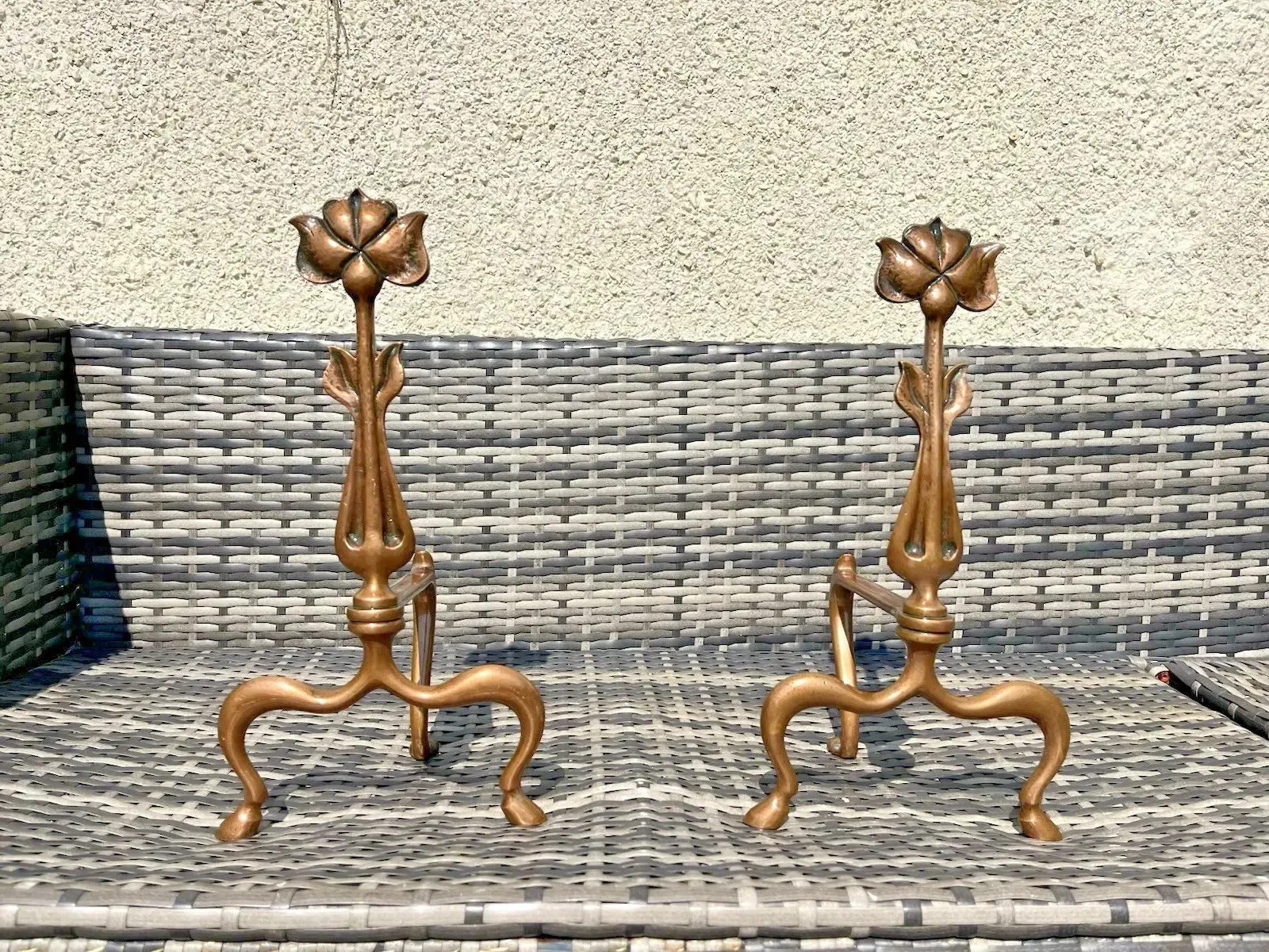 Superb Pair Of Bronze Antique Art Nouveau Secessionist Floral Fire Dogs Andirons photo Home Fixtures