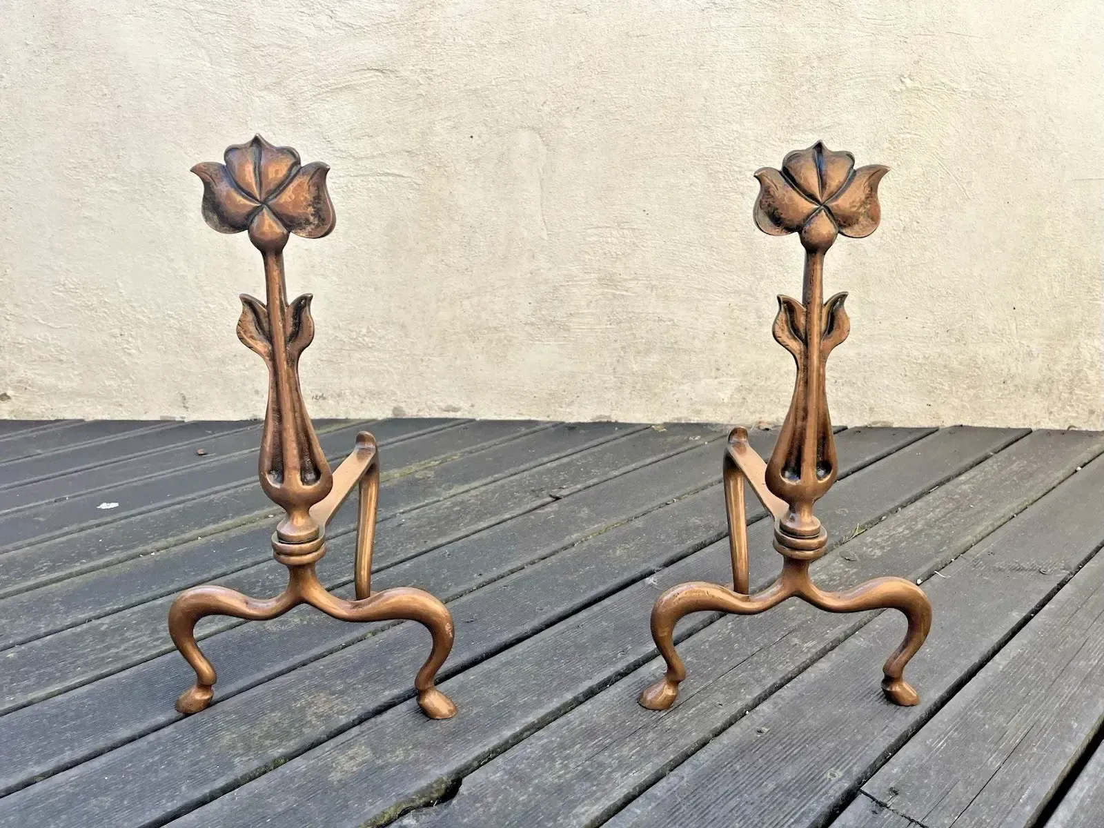 Superb Pair Of Bronze Antique Art Nouveau Secessionist Floral Fire Dogs Andirons photo buy
