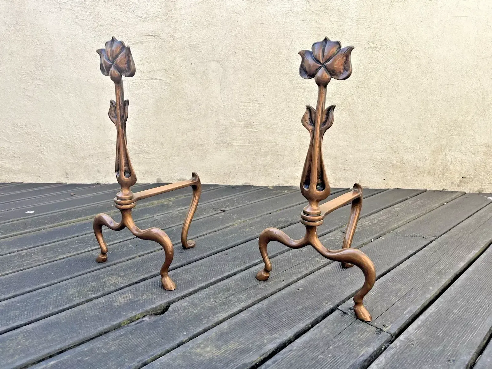 Superb Pair Of Bronze Antique Art Nouveau Secessionist Floral Fire Dogs Andirons photo vintage