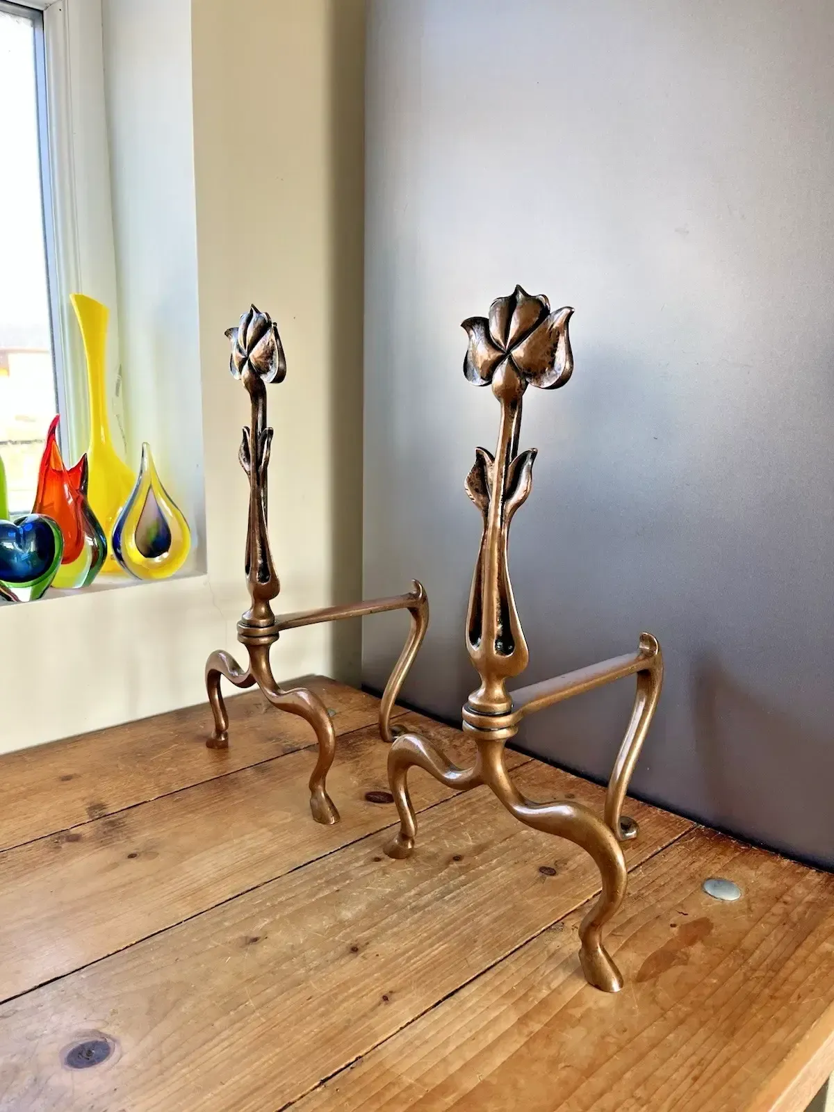 photo for sale Superb Pair Of Bronze Antique Art Nouveau Secessionist Floral Fire Dogs Andirons