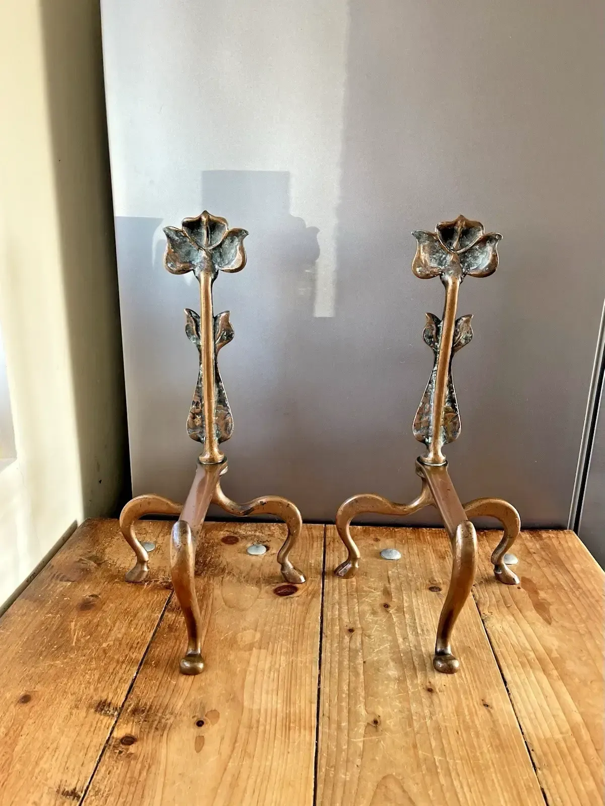 495.0 Superb Pair Of Bronze Antique Art Nouveau Secessionist Floral Fire Dogs Andirons photo