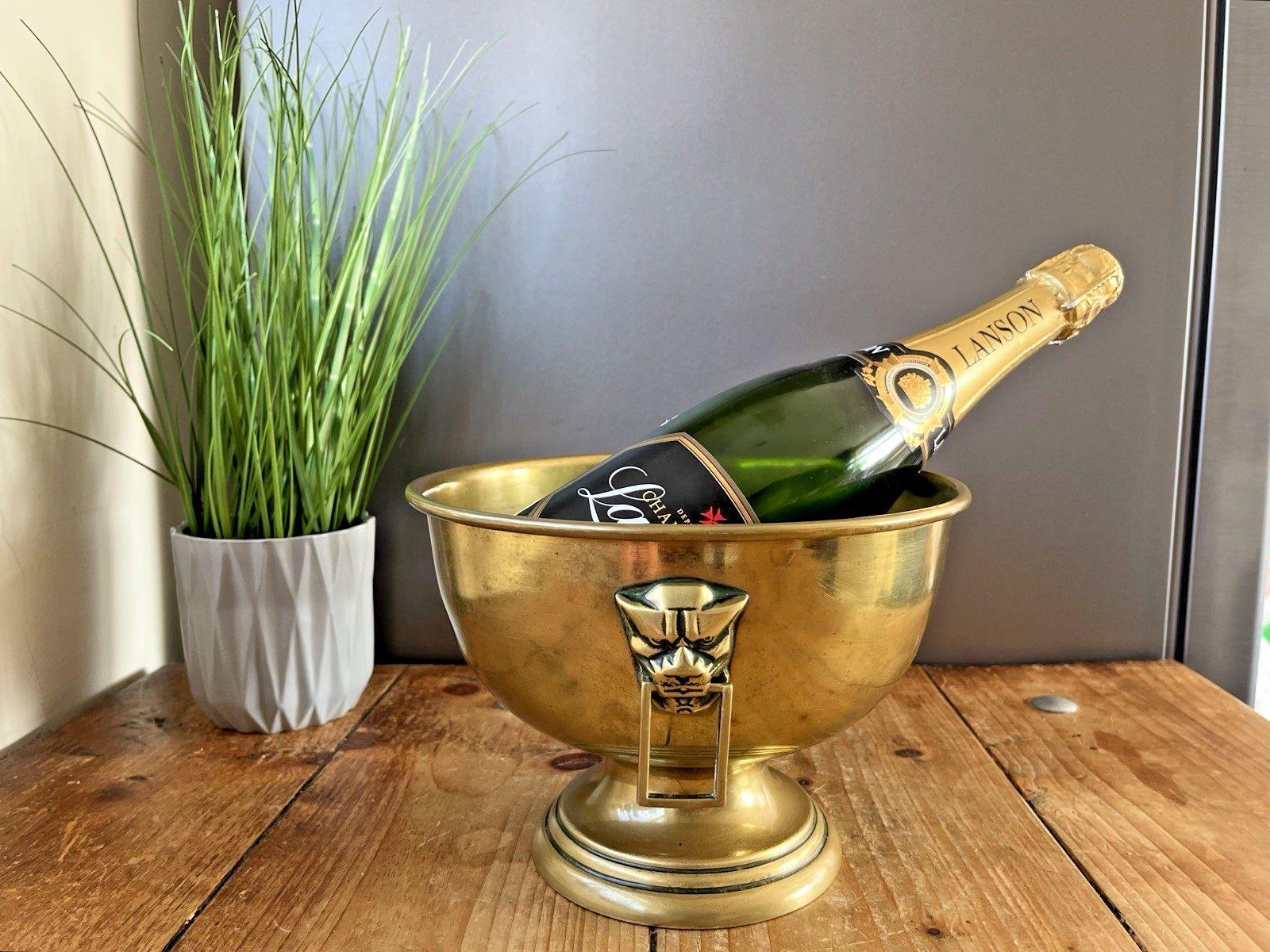 Brass Art Deco Angular Jaguar Mask Pedestal Fruit Punch Bowl Champagne Cooler
