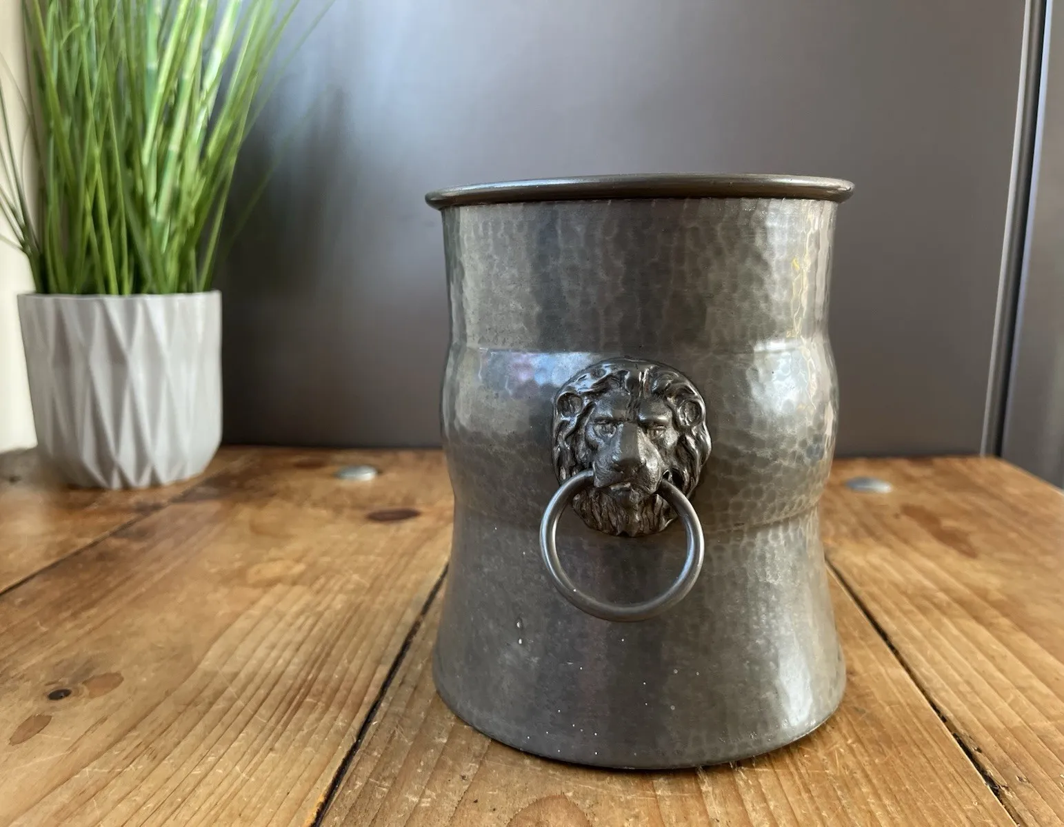 Antique W & Co Pewter Champagne Ice Bucket Planter Plant Pot Lions Head Handles photo buy