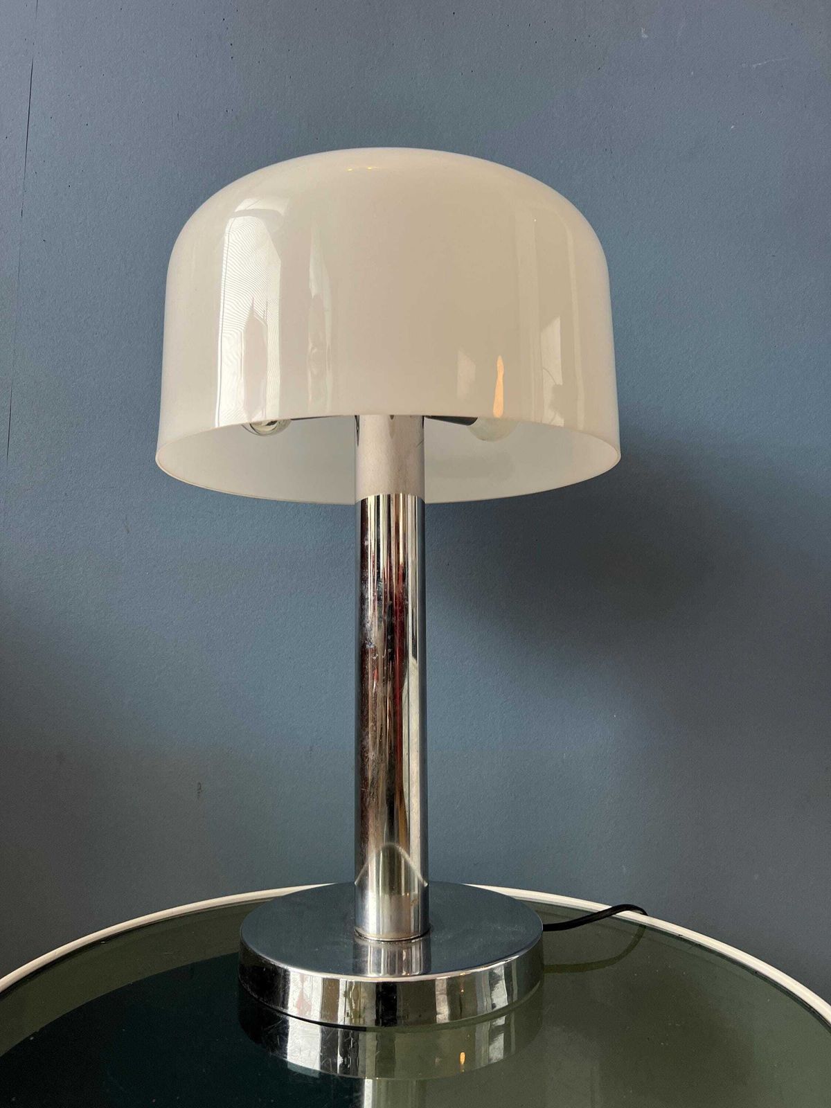 Chrome Space Age Table Lamp With White Plexiglass Mushroom Shade photo vinterior