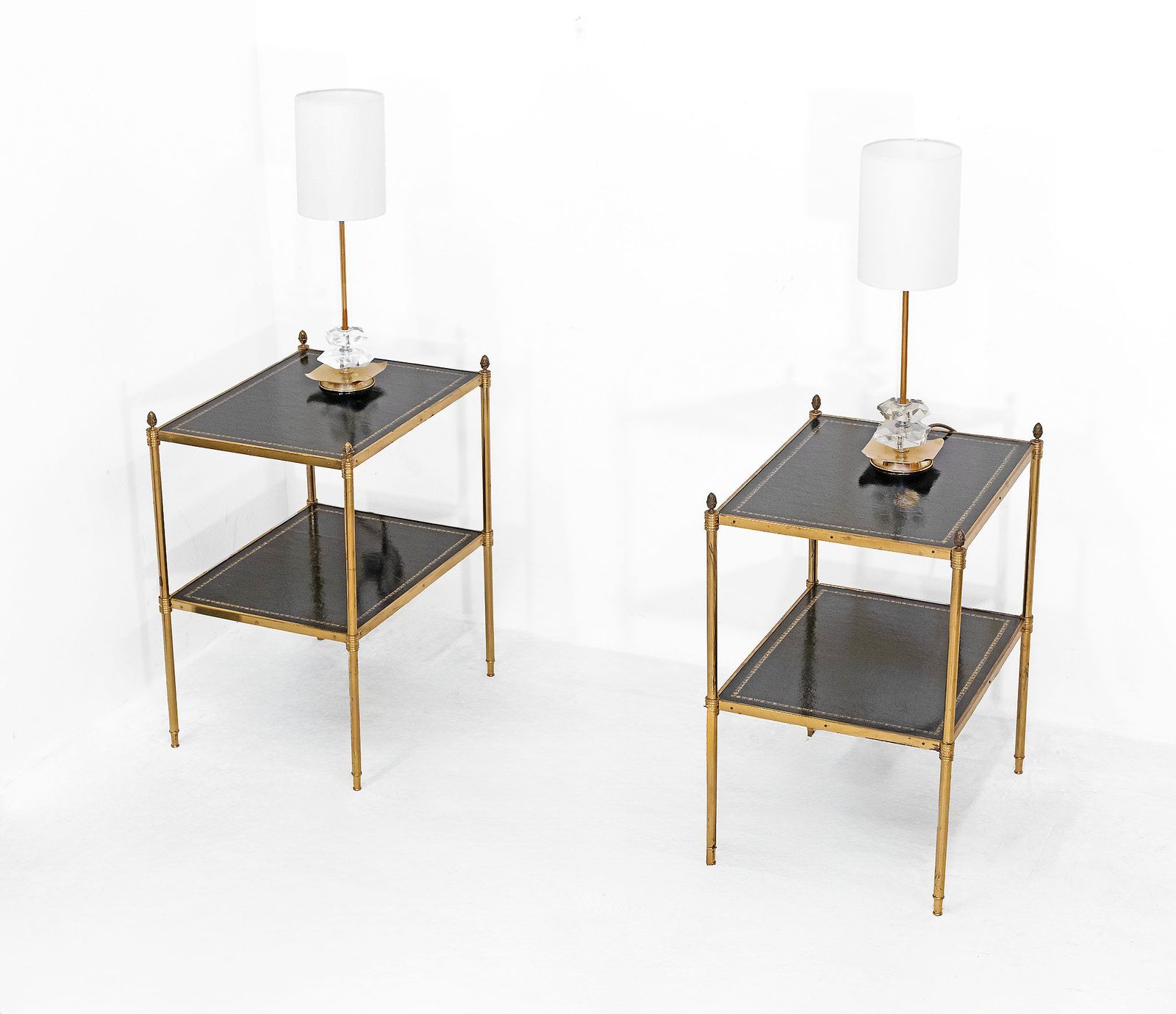 Pair Of Mid Century Gilt Metal & Leather Etagere End Tables French 1950 photo Furniture
